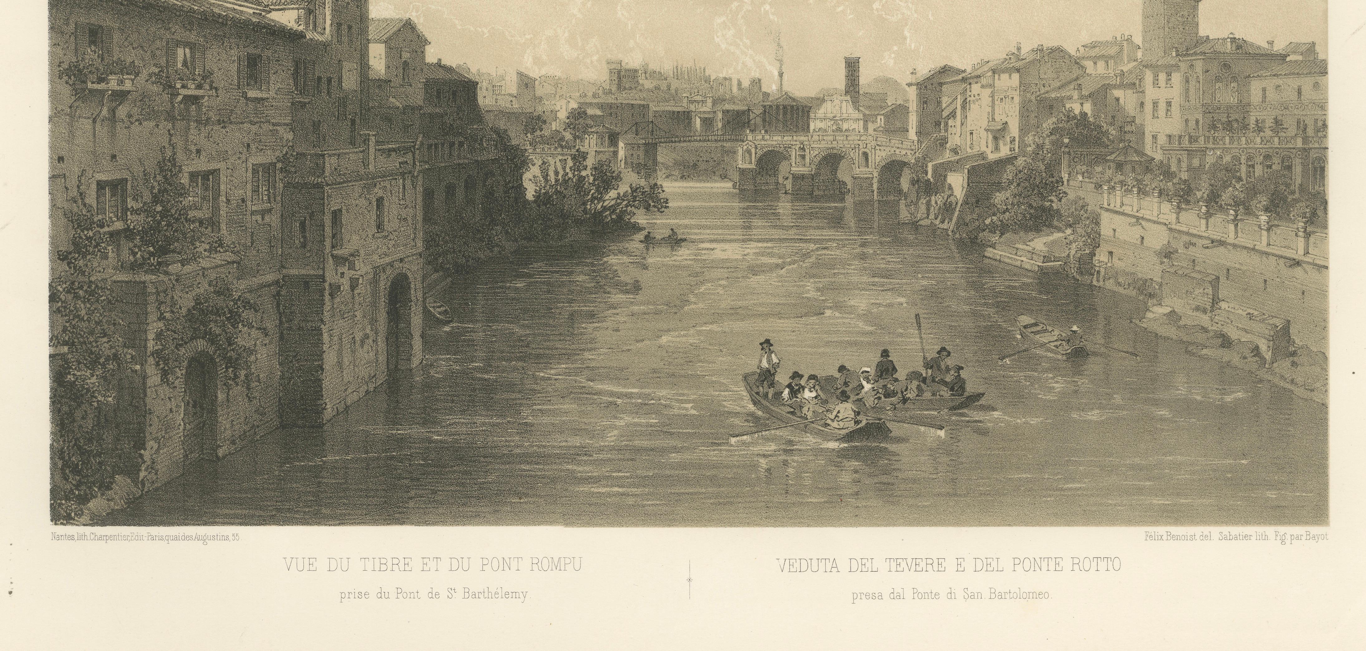 Tiber River & Ponte Rotto, Rome – Antique Atmospheric City Print, 1869