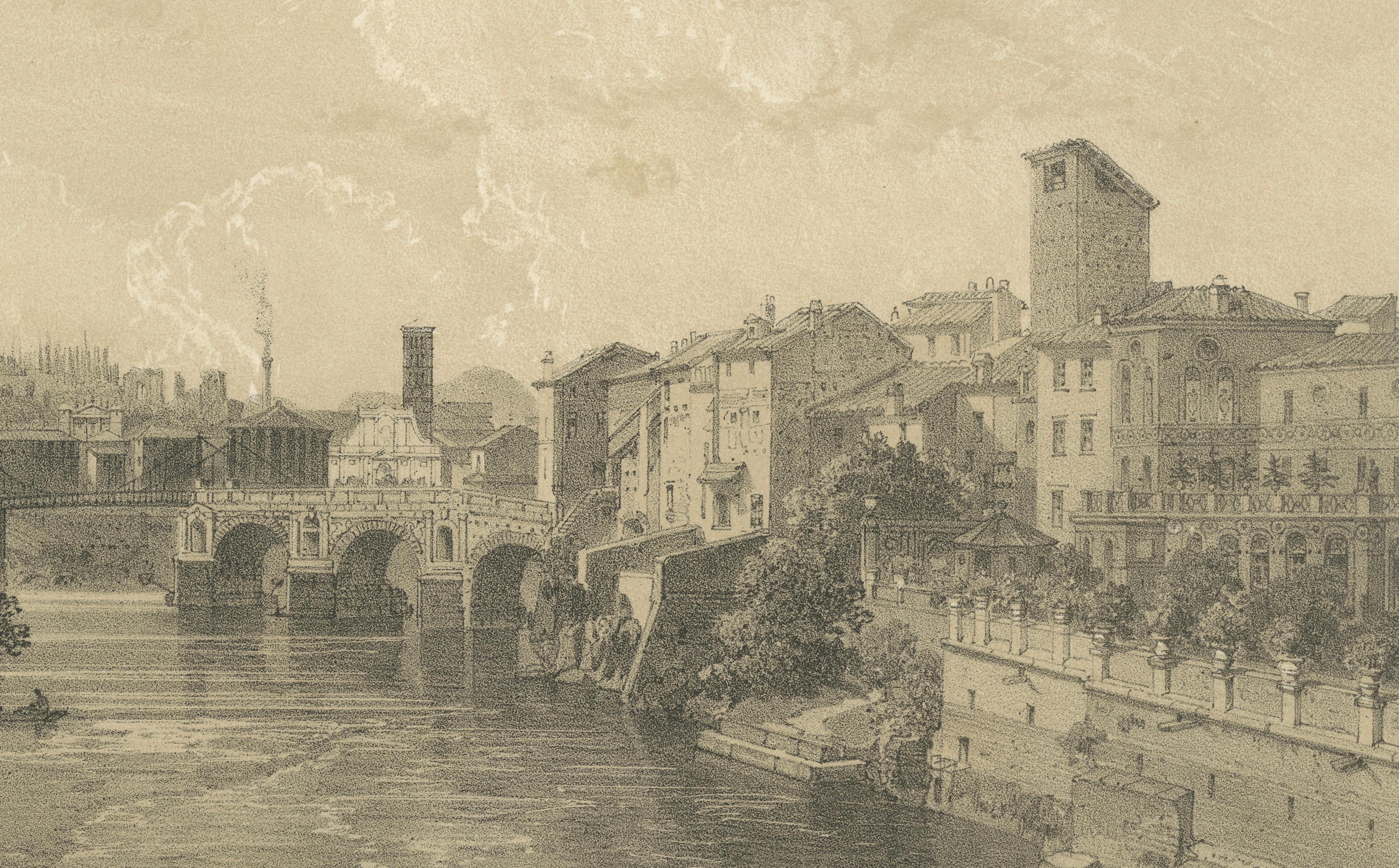 Tiber River & Ponte Rotto, Rome – Antique Atmospheric City Print, 1869
