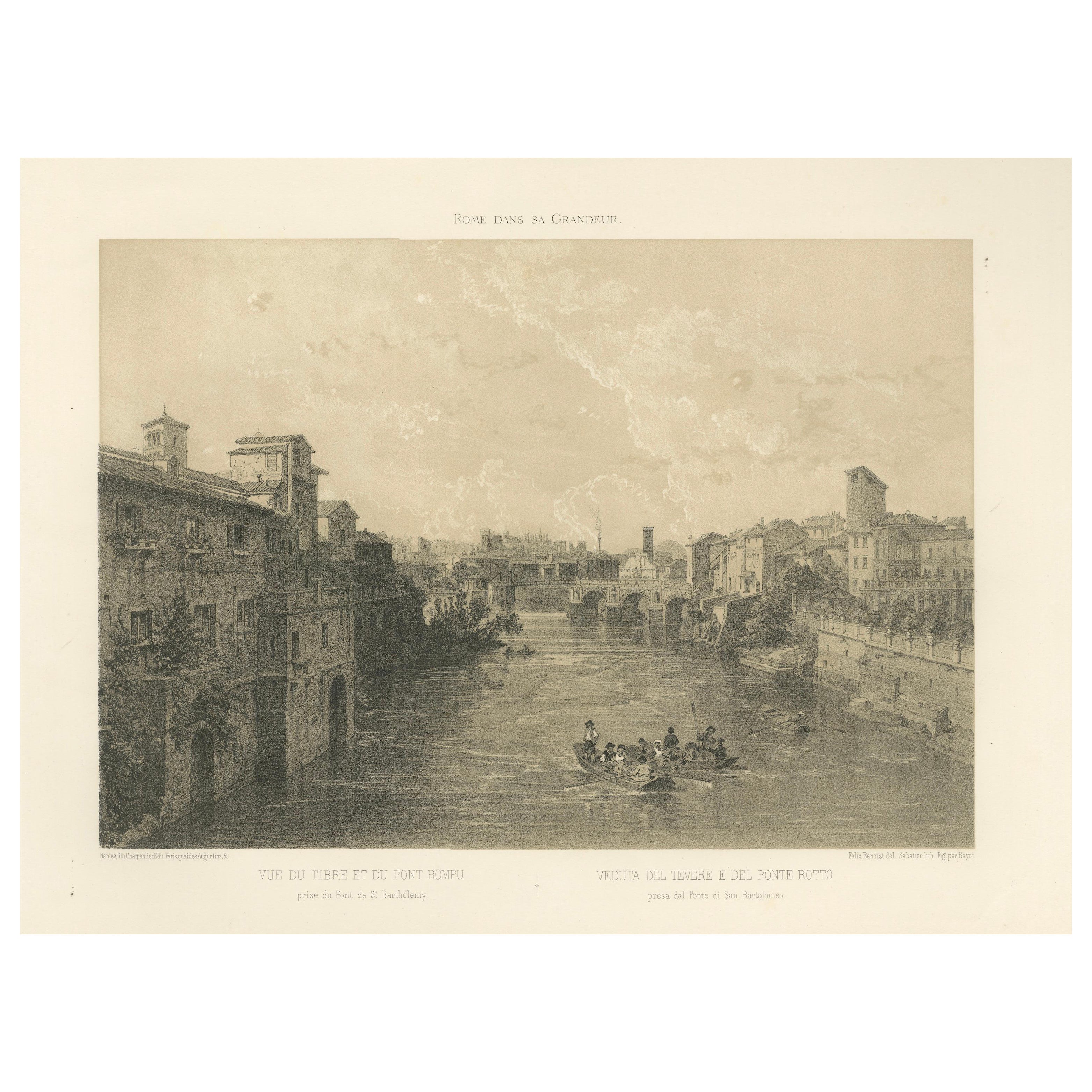 Tiber River 
Ponte Rotto, Rome – Antique Atmospheric City Print, 1869