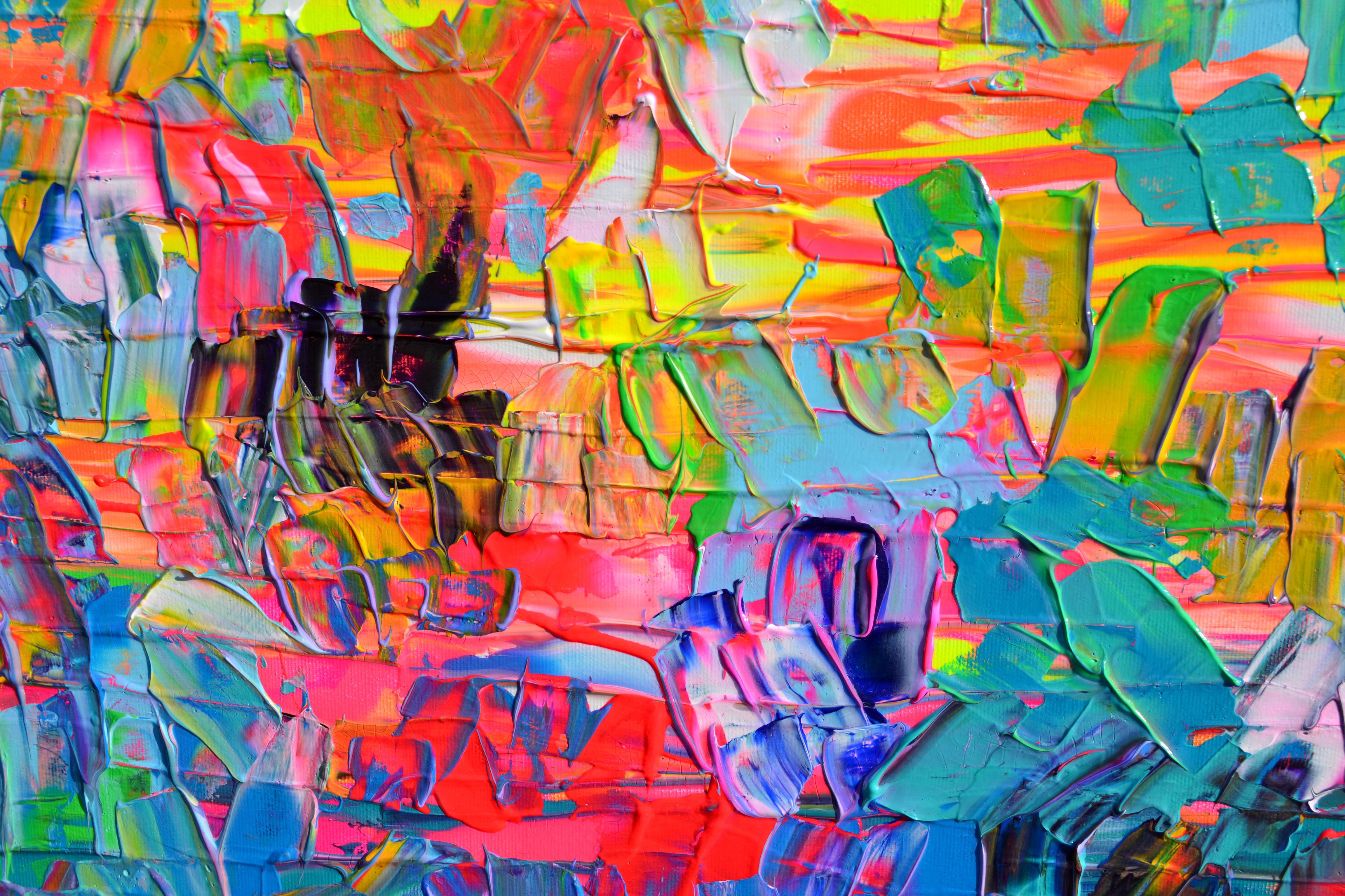 In this very beautiful large colorful, bold, vivid abstract painting I inspired by my painter palette. The work have many neon nuances, many layers with heavy relief textured with palette knife, vibrant and emotional contrasts.
READY TO HANG WITH