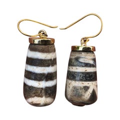Tibet Antique Gold Amulet Earrings "Dzi Eye" Beads