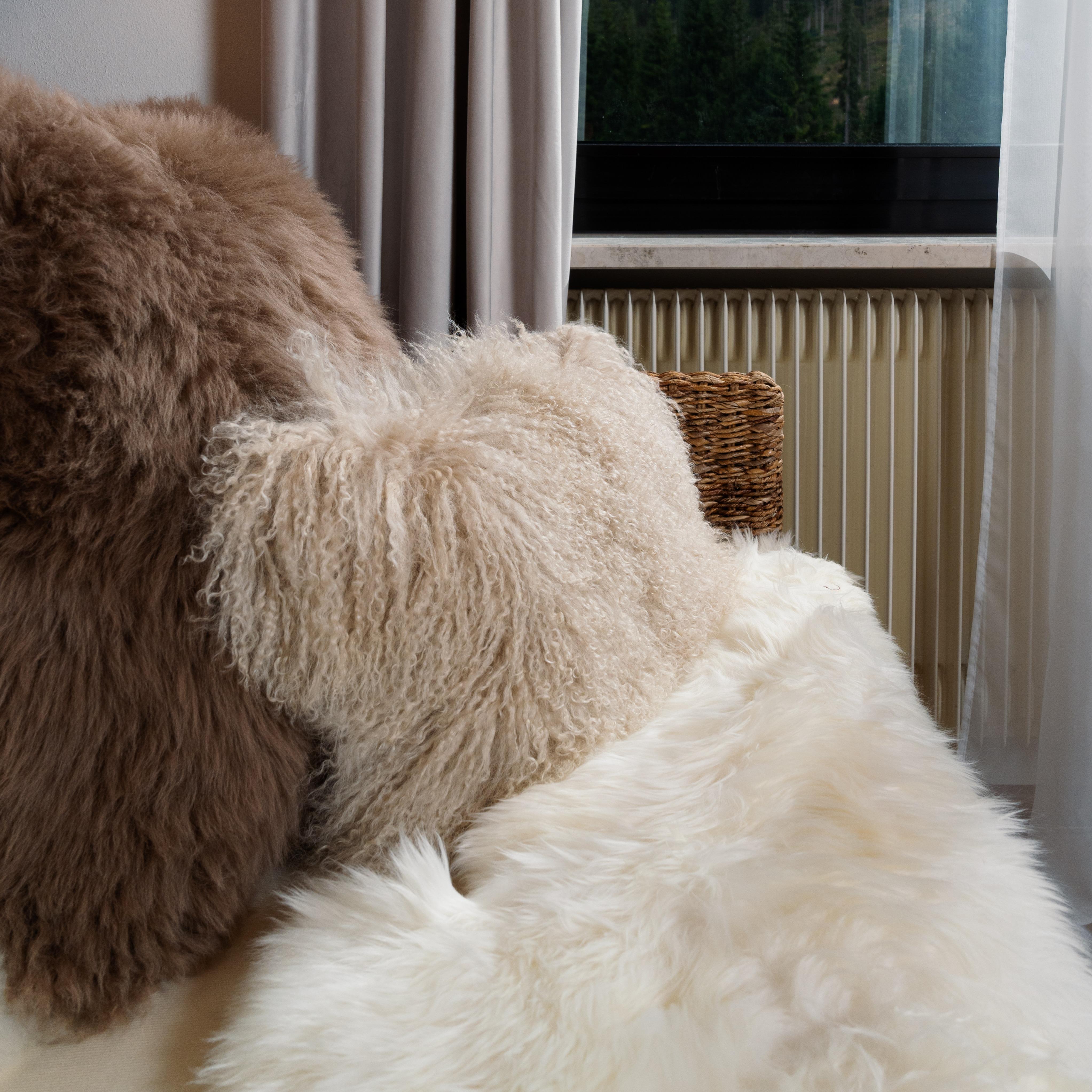 Tibet Lamb Beige Lumbar Cushion by Muchi Decor, Made in Italy For Sale 1