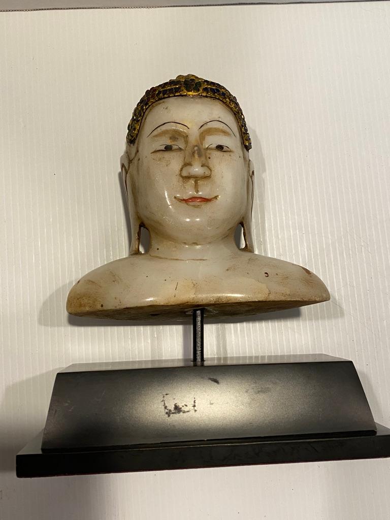 Hand-Crafted Tibet Marble Buddha Bust on Stand