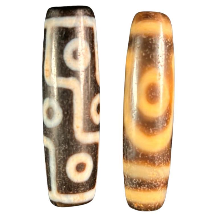 Tibet Vintage Pair Amulet Pendants Two And Nine Eye Dzi Beads