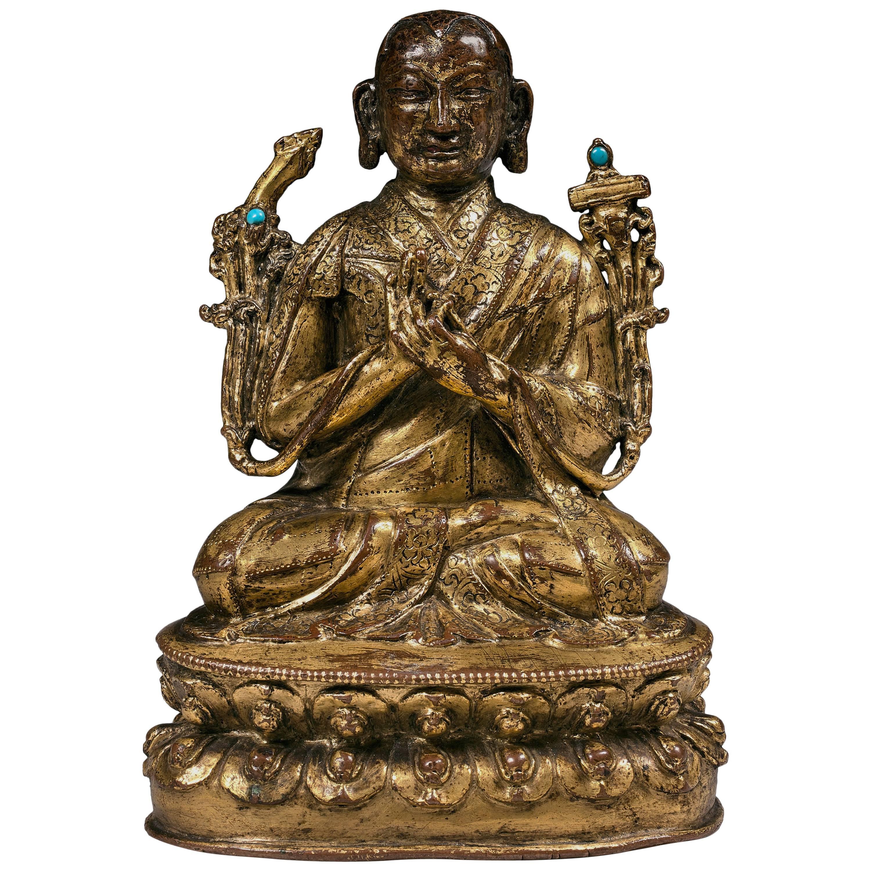 Tibetan 16th Century Gilt-Bronze and Hardstone Inlays Buddhist Lama Figure For Sale