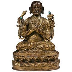 Tibetan 16th Century Gilt-Bronze and Hardstone Inlays Buddhist Lama Figure