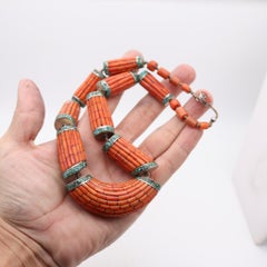 TIBETAN 1920 Antique Necklace In Sterling Silver With Carved Corals & Turquoises