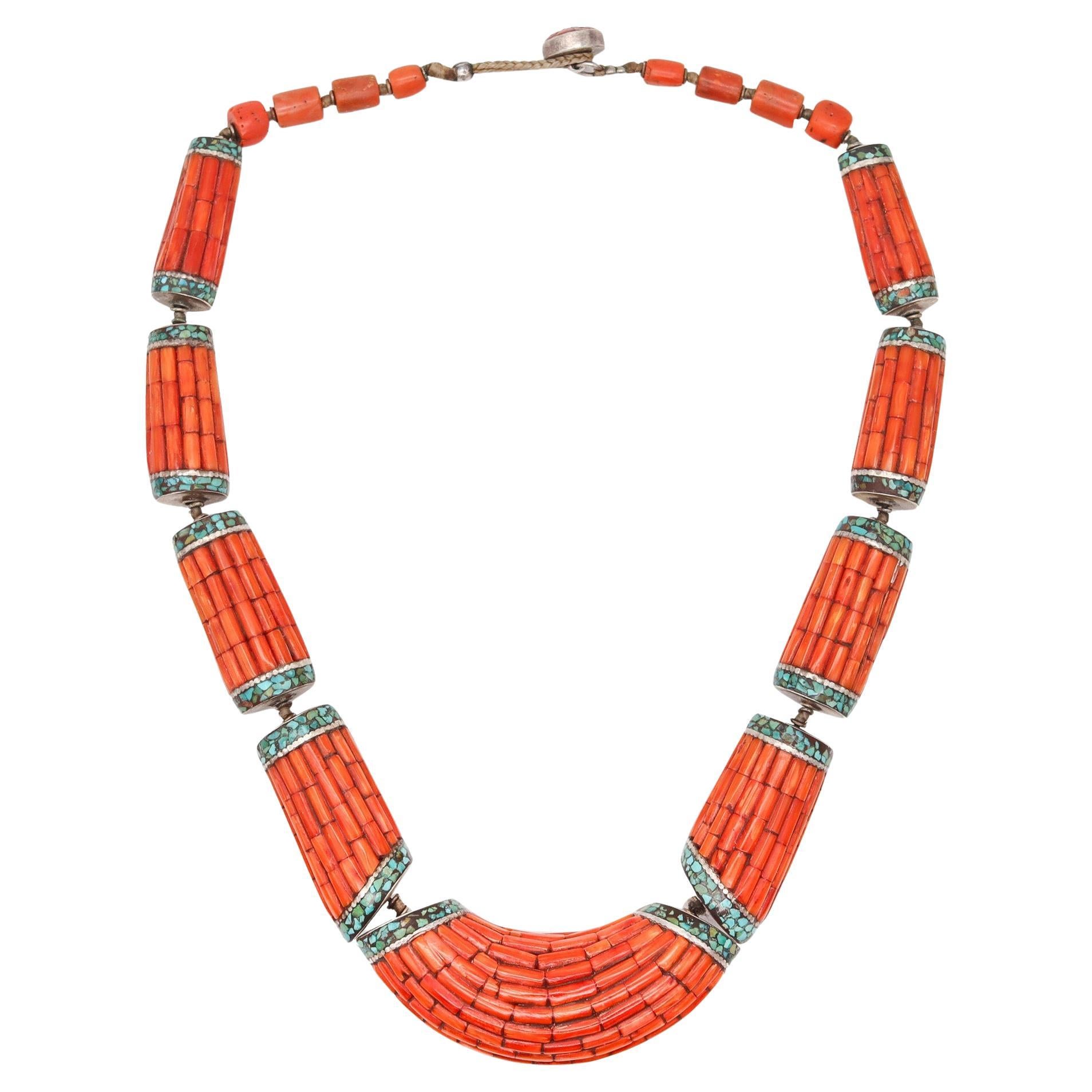 TIBETAN 1920 Antique Necklace In Sterling Silver With Carved Corals & Turquoises