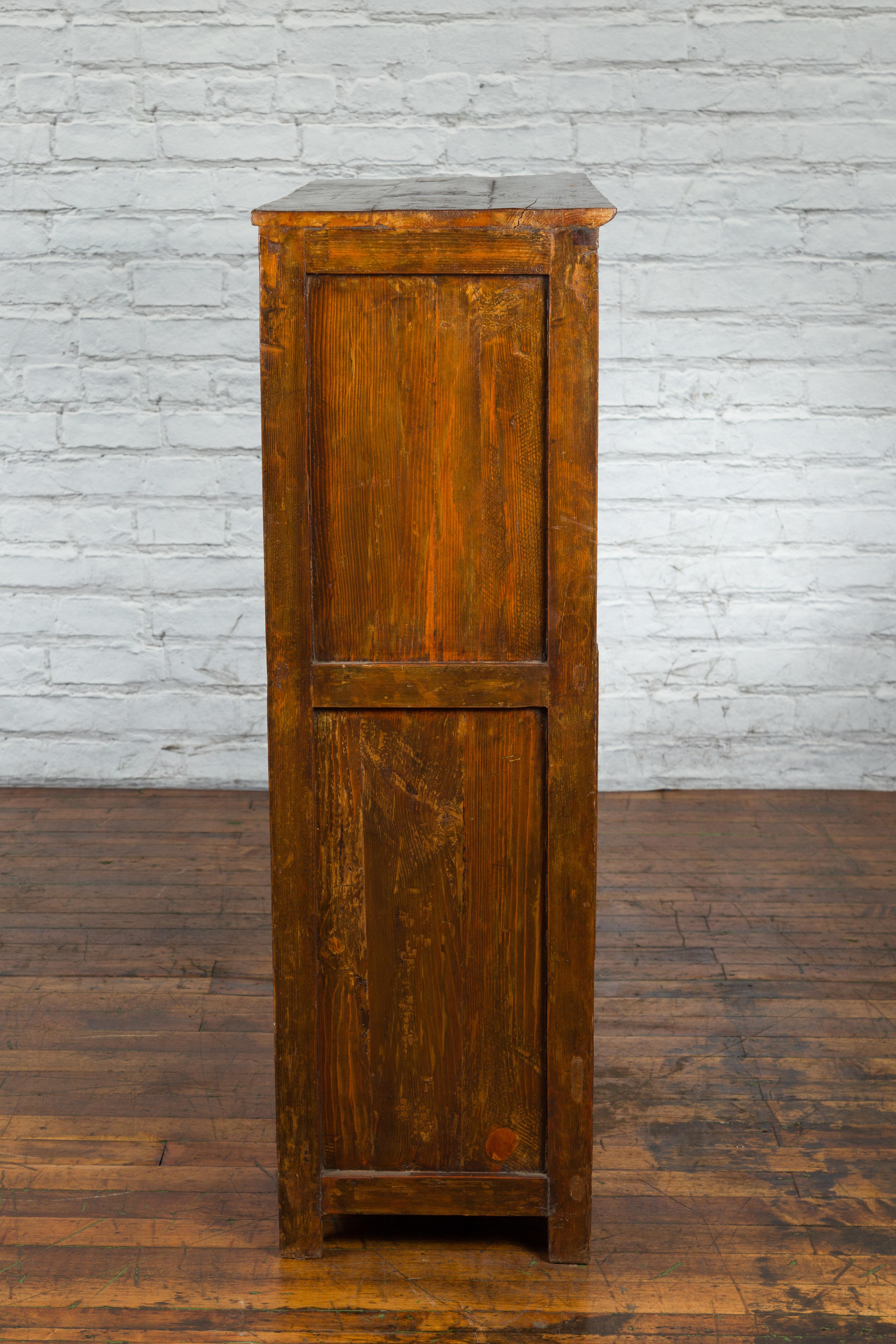 Tibetan 19th Century Cabinet with Hand-Painted Floral Décor on Red Ground For Sale 5