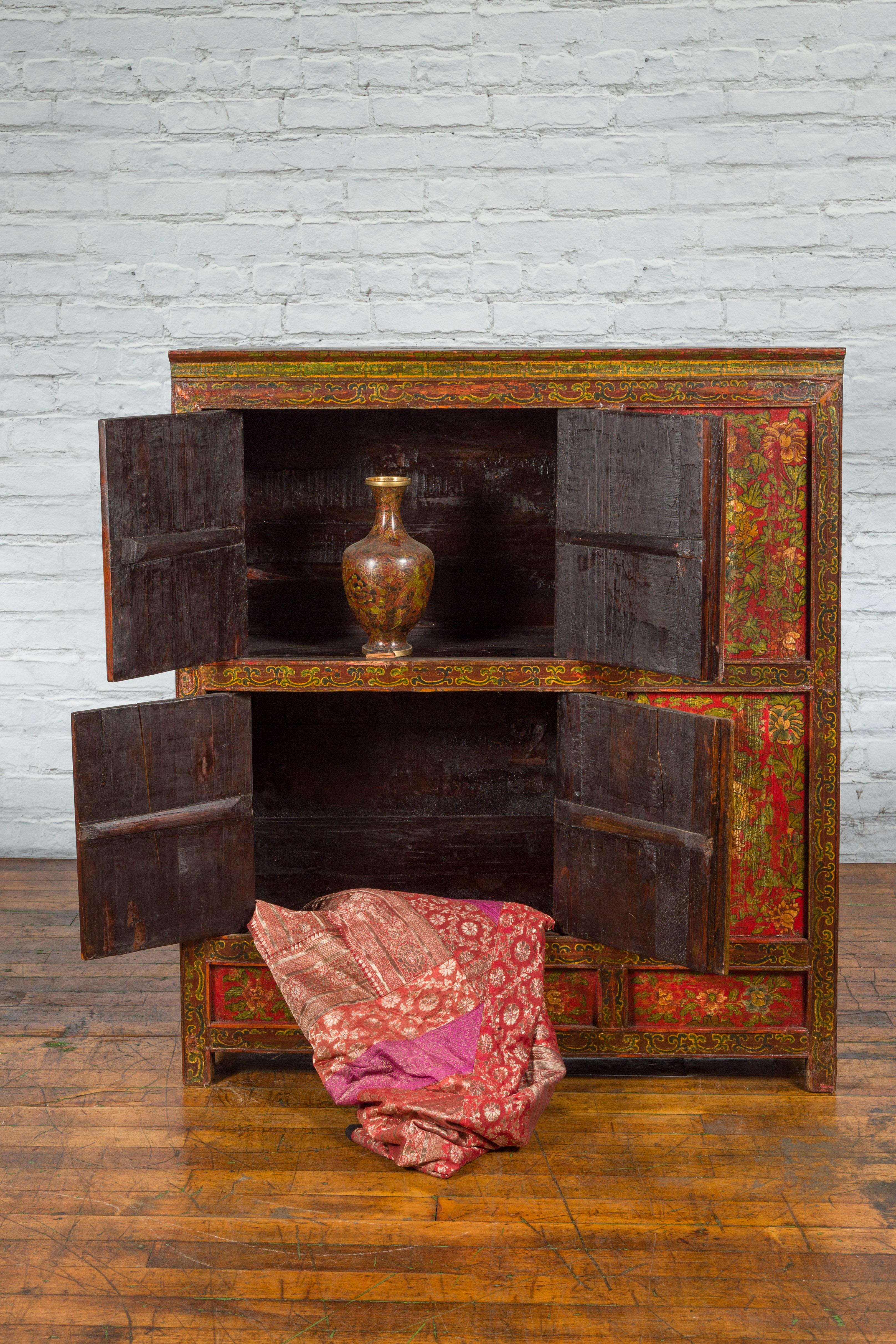 Tibetan 19th Century Cabinet with Hand-Painted Floral Décor on Red Ground For Sale 2