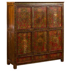 Antique Tibetan 19th Century Cabinet with Hand-Painted Floral Décor on Red Ground