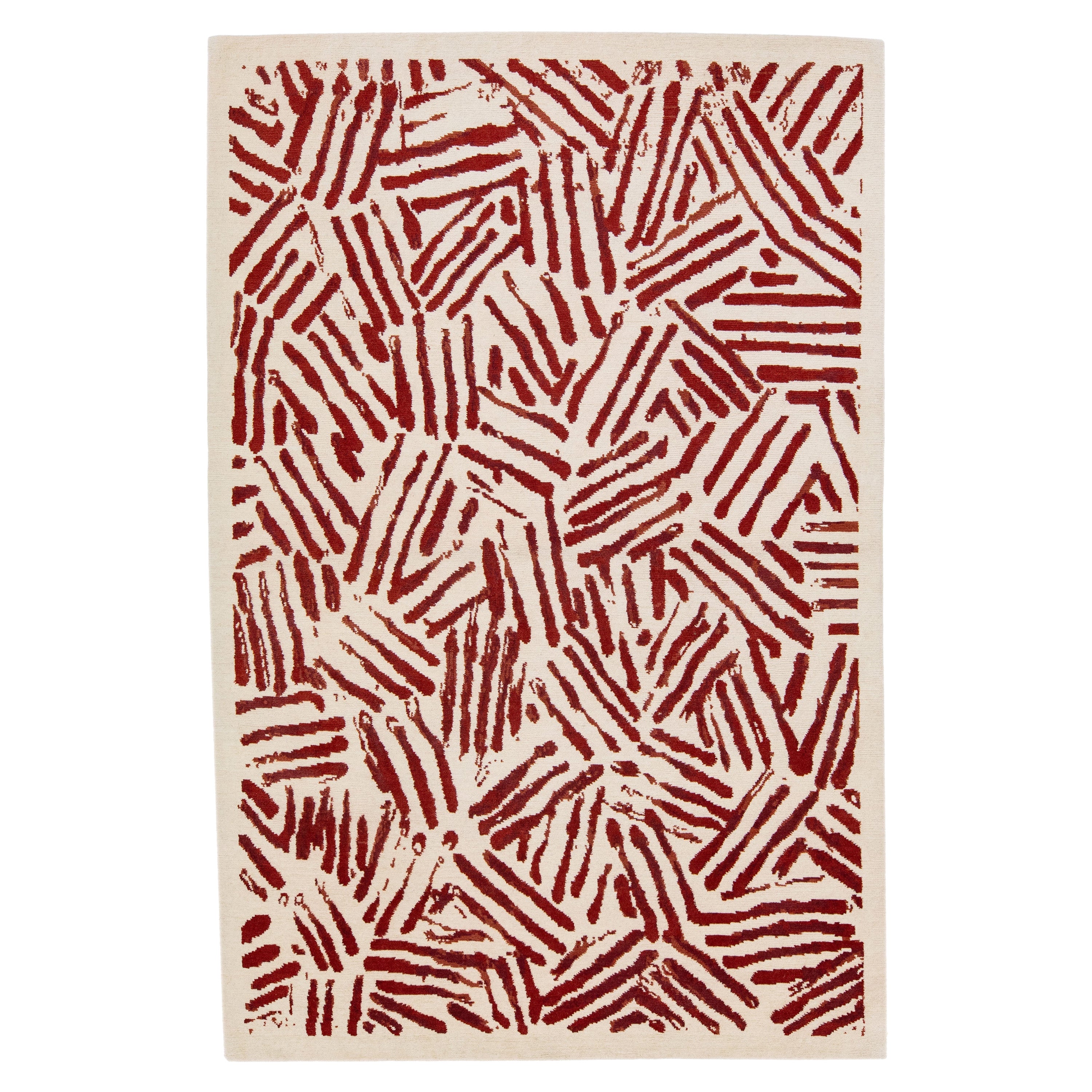Tapis tibétain moderne en laine et soie beige et rouge