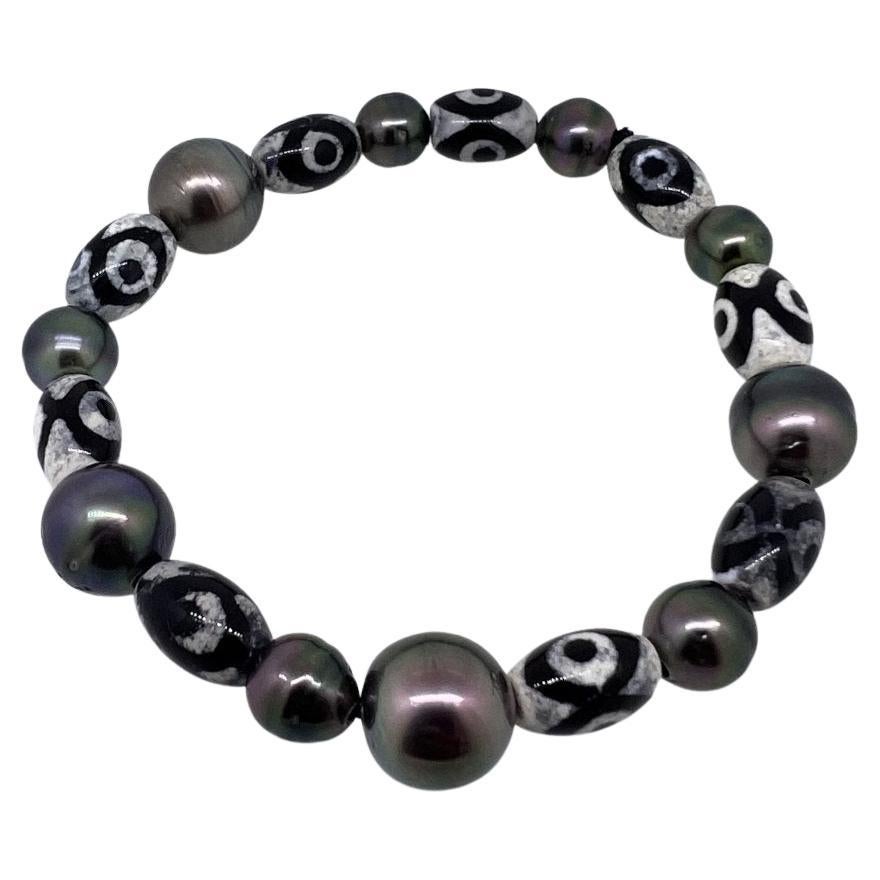 Tibetan Agate & Multi-Hue Tahiti Pearl Men’s Bracelet