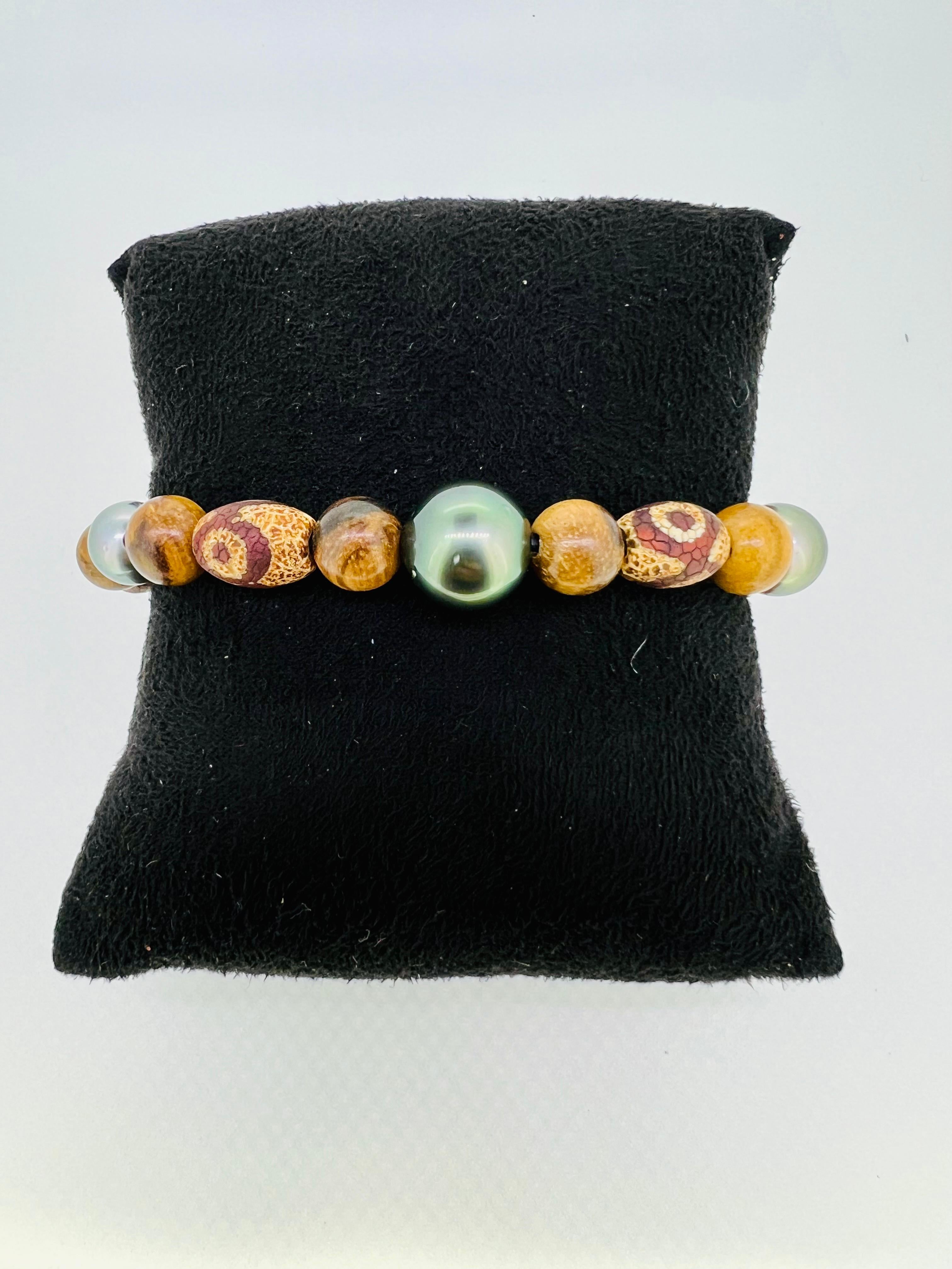 Bead Tibetan Agate, Tiger Skin Wood & Tahitian Pearl Men's Bracelet – Earthy Luxury For Sale