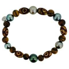 Tibetan Agate, Tiger Skin Wood & Tahitian Pearl Men's Bracelet – Earthy Luxury