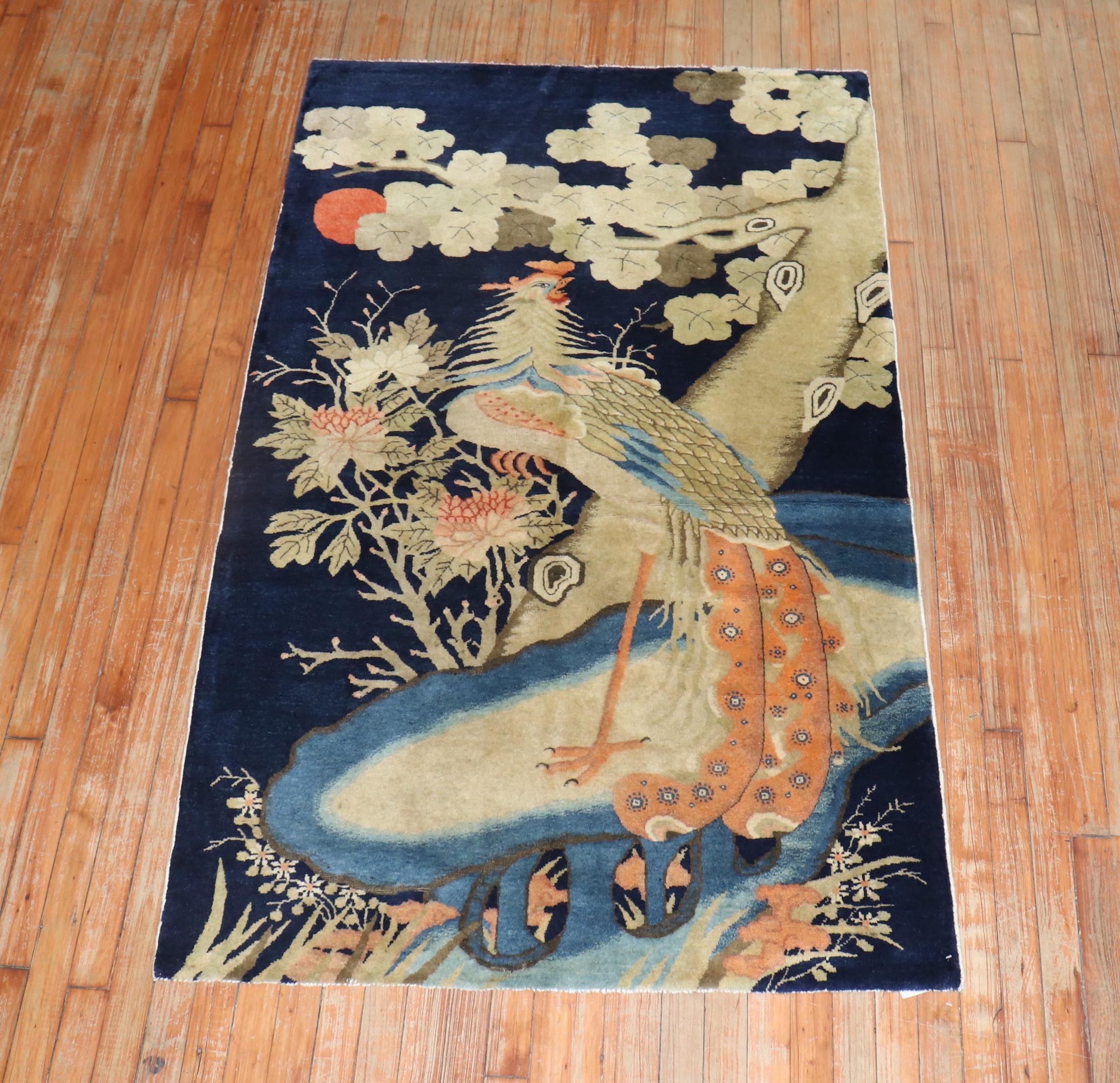 Chinese Export Tibetan Antique Rooster  Pictorial Rug For Sale