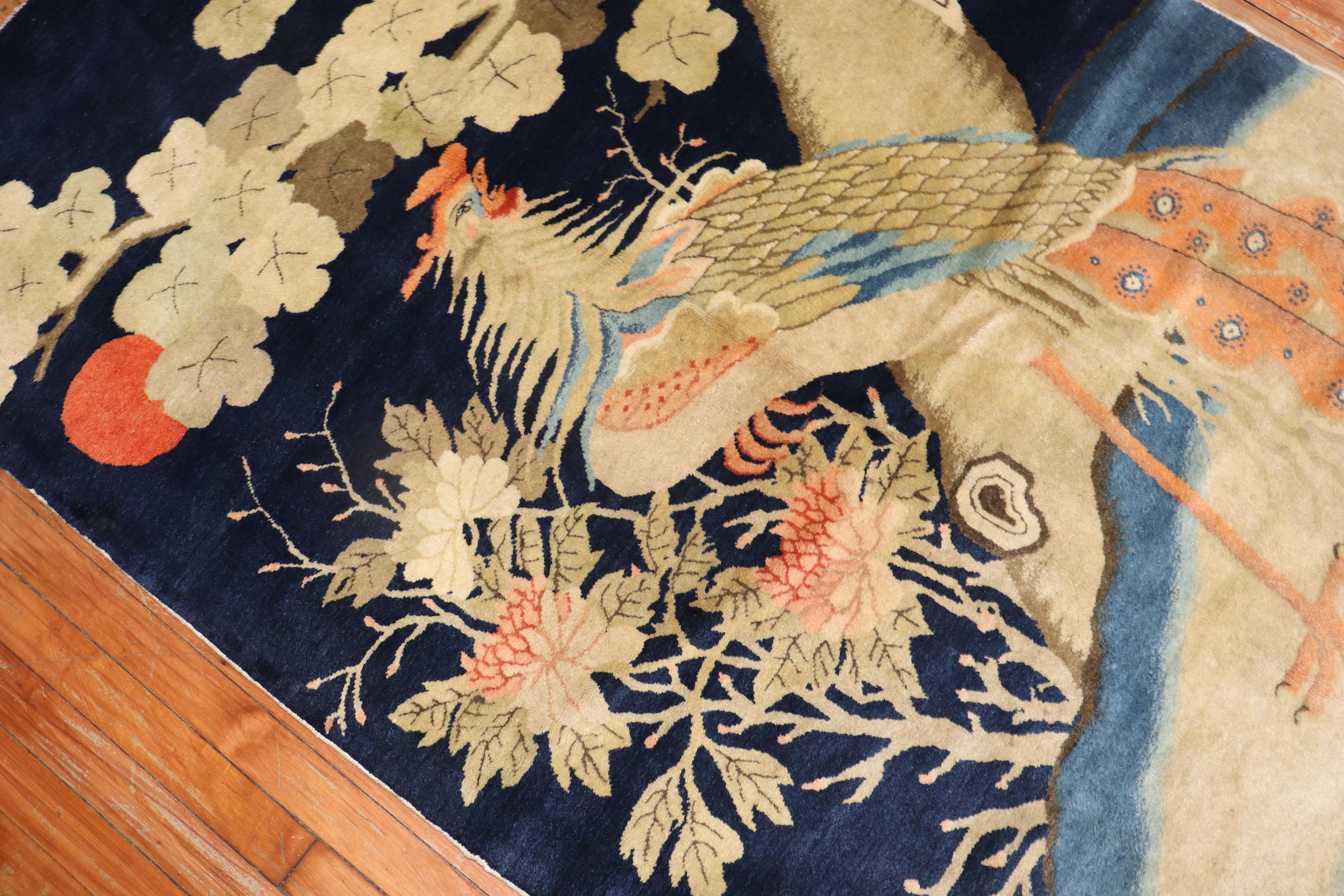 Hand-Woven Tibetan Antique Rooster  Pictorial Rug For Sale