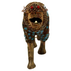 Tibetan Brass & Natural Stone Inlay Antique "Foo Dog" Figurine