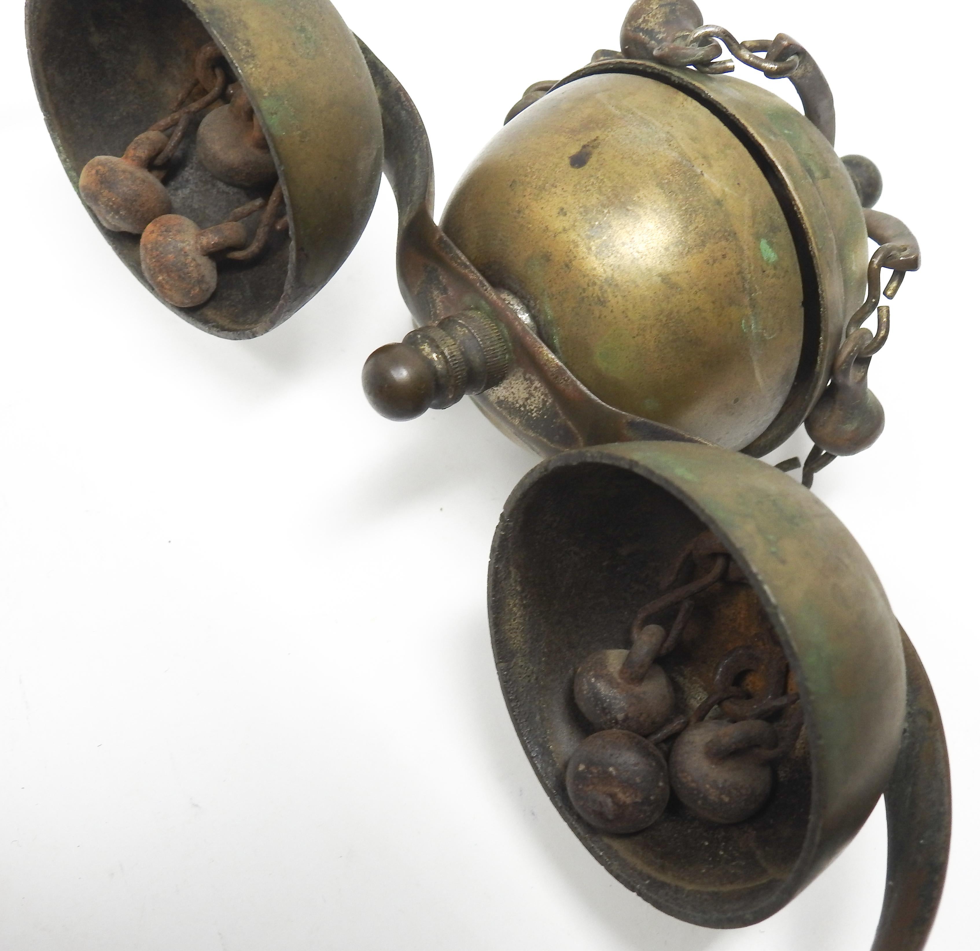 Tibetan Bronze and Brass Temple Meditation Bells on Wood Stand, 19th Century For Sale 4