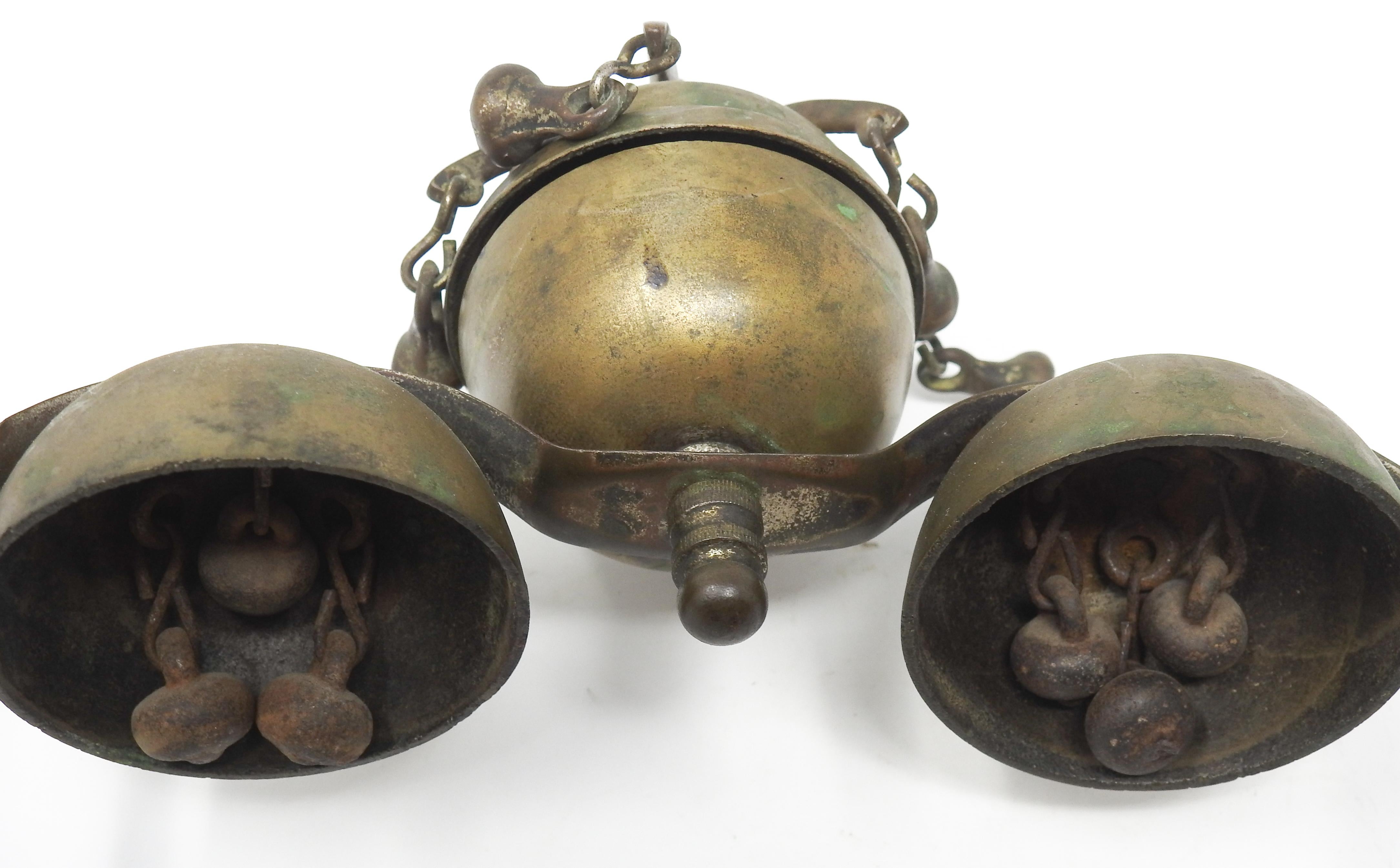 Tibetan Bronze and Brass Temple Meditation Bells on Wood Stand, 19th Century For Sale 5