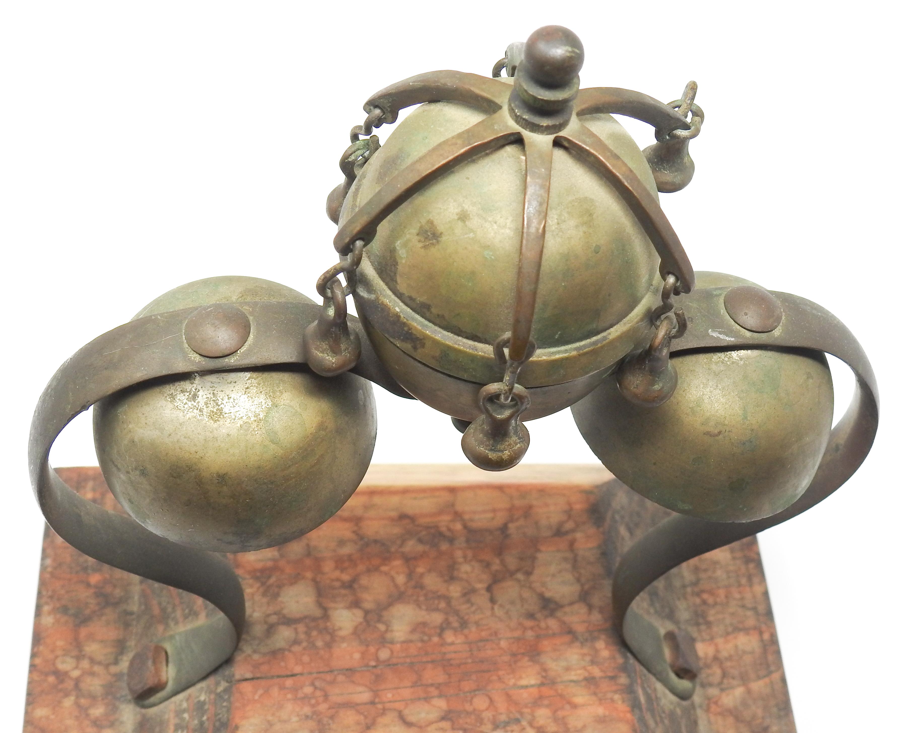 Tibetan Bronze and Brass Temple Meditation Bells on Wood Stand, 19th Century For Sale 7