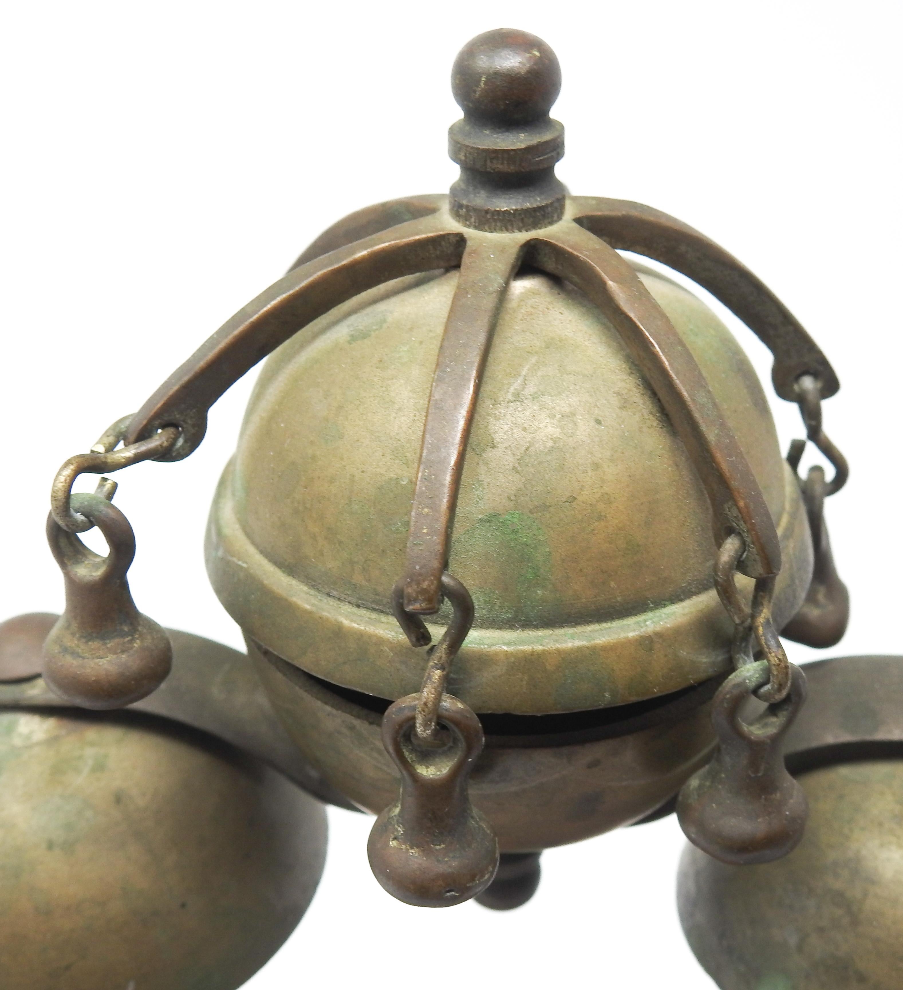 Tibetan Bronze and Brass Temple Meditation Bells on Wood Stand, 19th Century For Sale 11