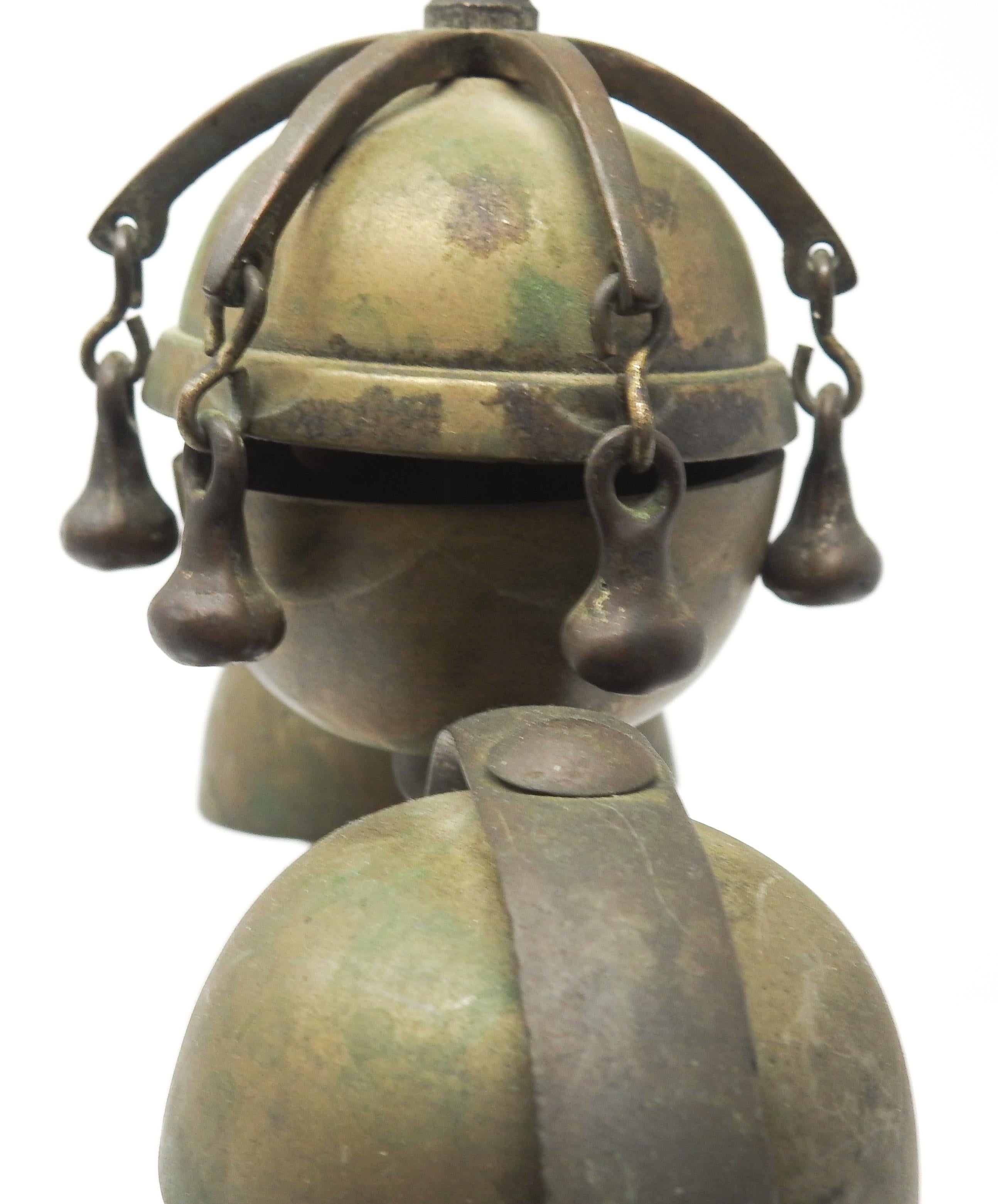 Tibetan Bronze and Brass Temple Meditation Bells on Wood Stand, 19th Century In Fair Condition For Sale In Cookeville, TN