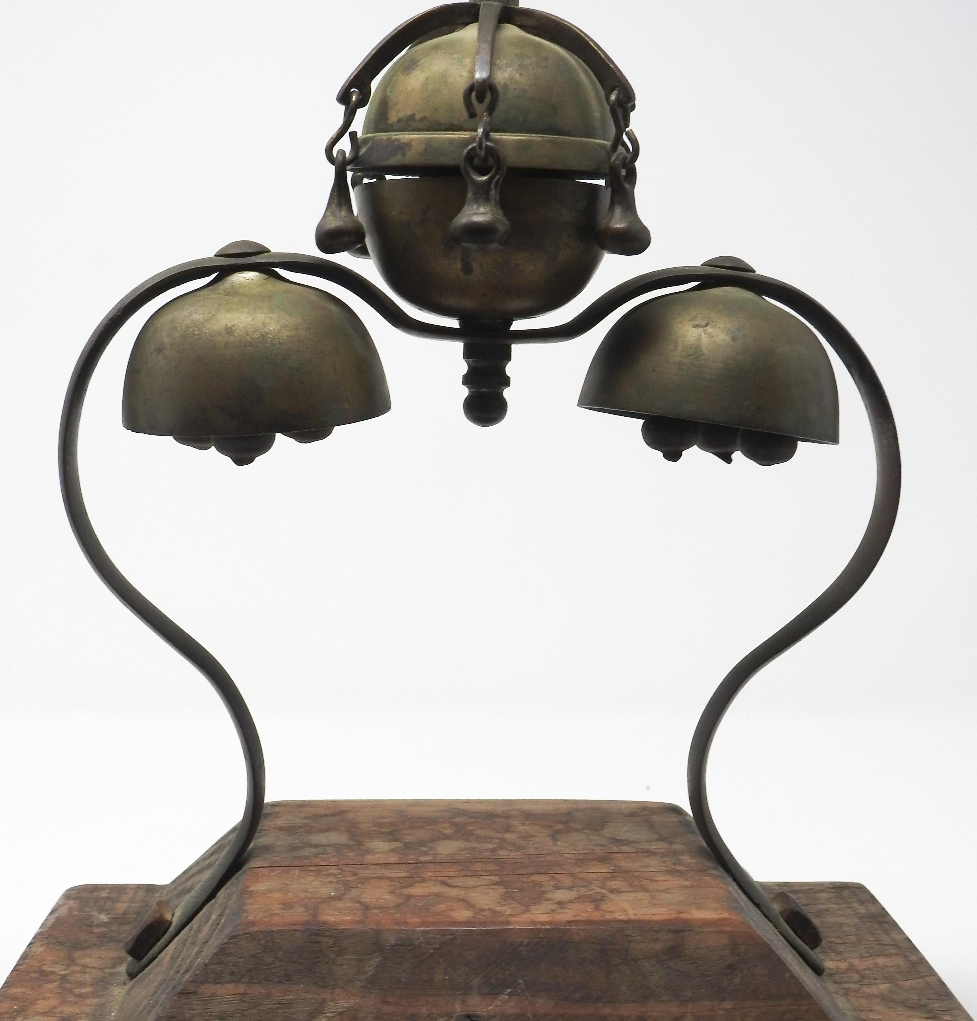 Tibetan Bronze and Brass Temple Meditation Bells on Wood Stand, 19th Century For Sale 2