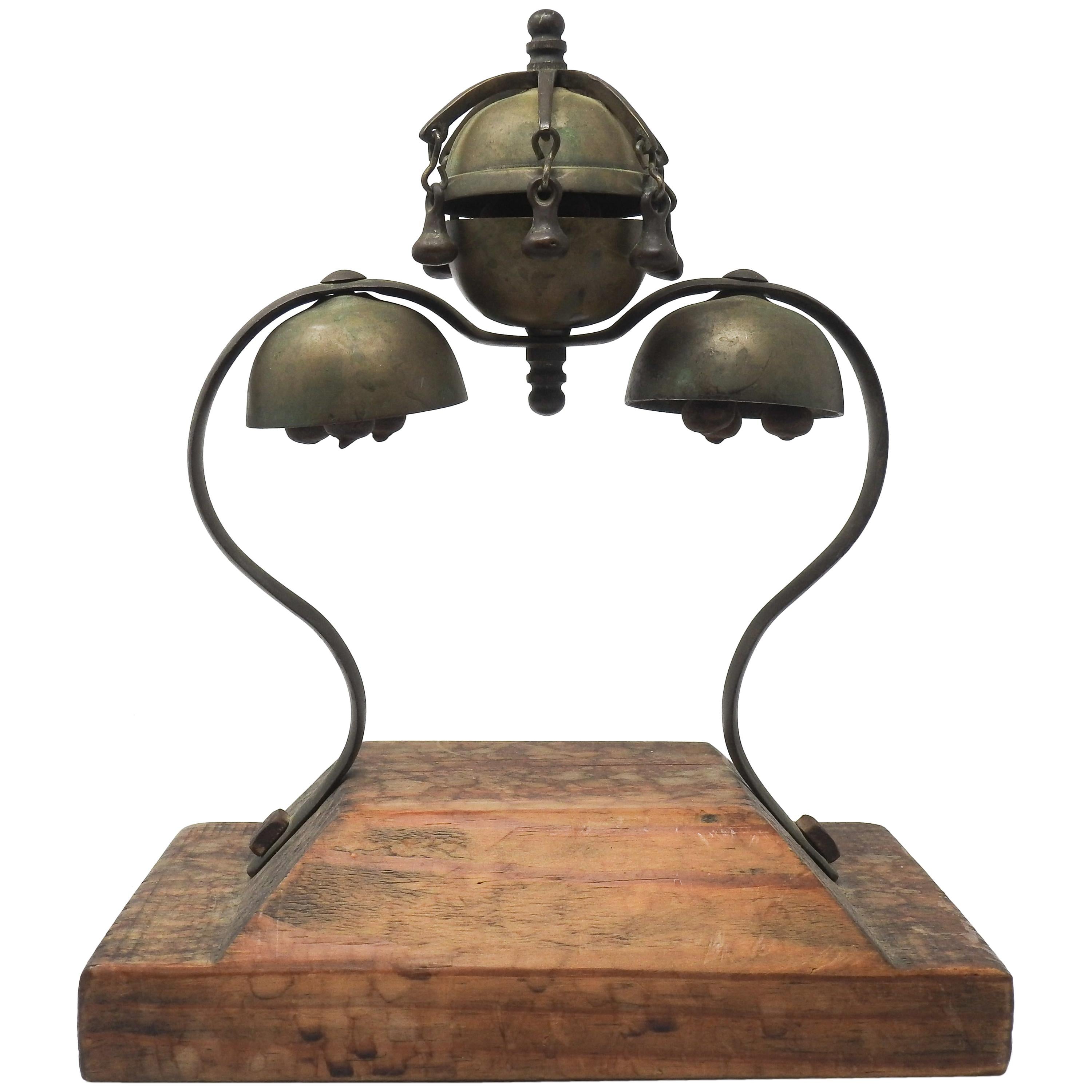 Tibetan Bronze and Brass Temple Meditation Bells on Wood Stand, 19th Century For Sale