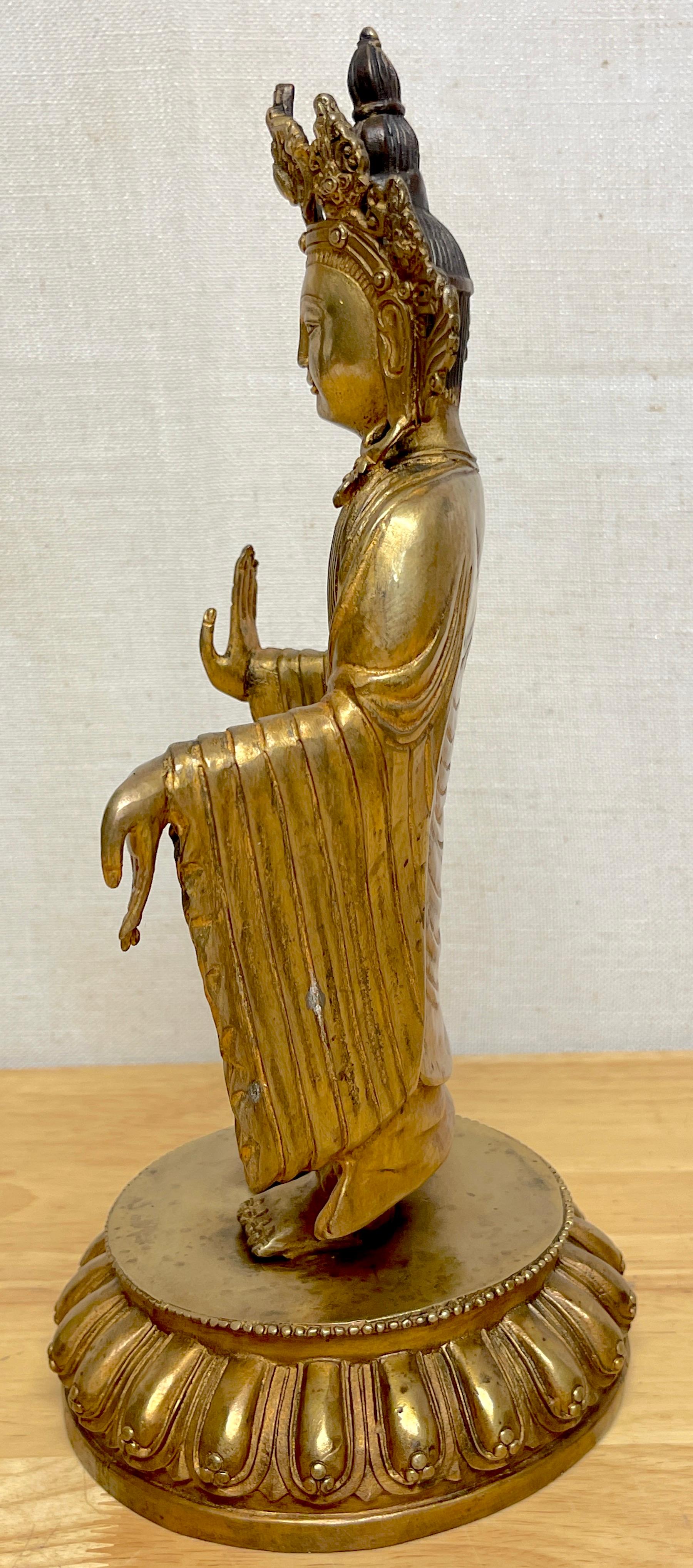 Tibetan Bronze Standing Gilt Bronze Buddha Offering Protection For Sale 8