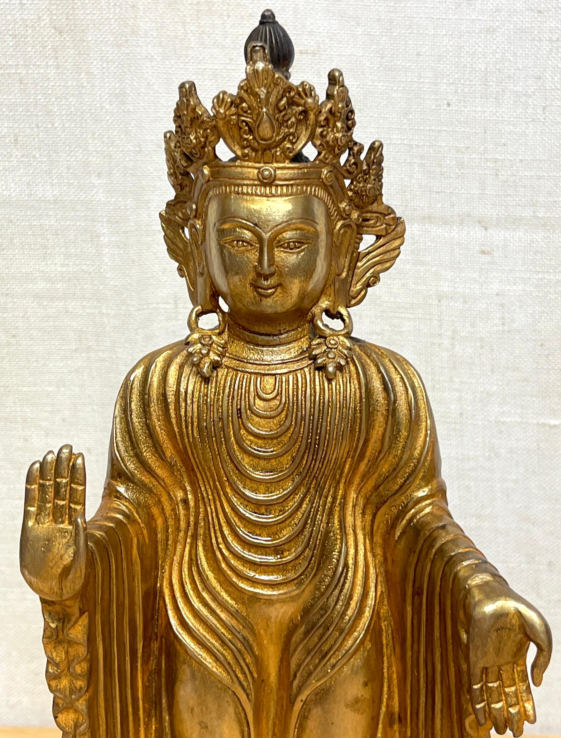 Chinese Tibetan Bronze Standing Gilt Bronze Buddha Offering Protection For Sale