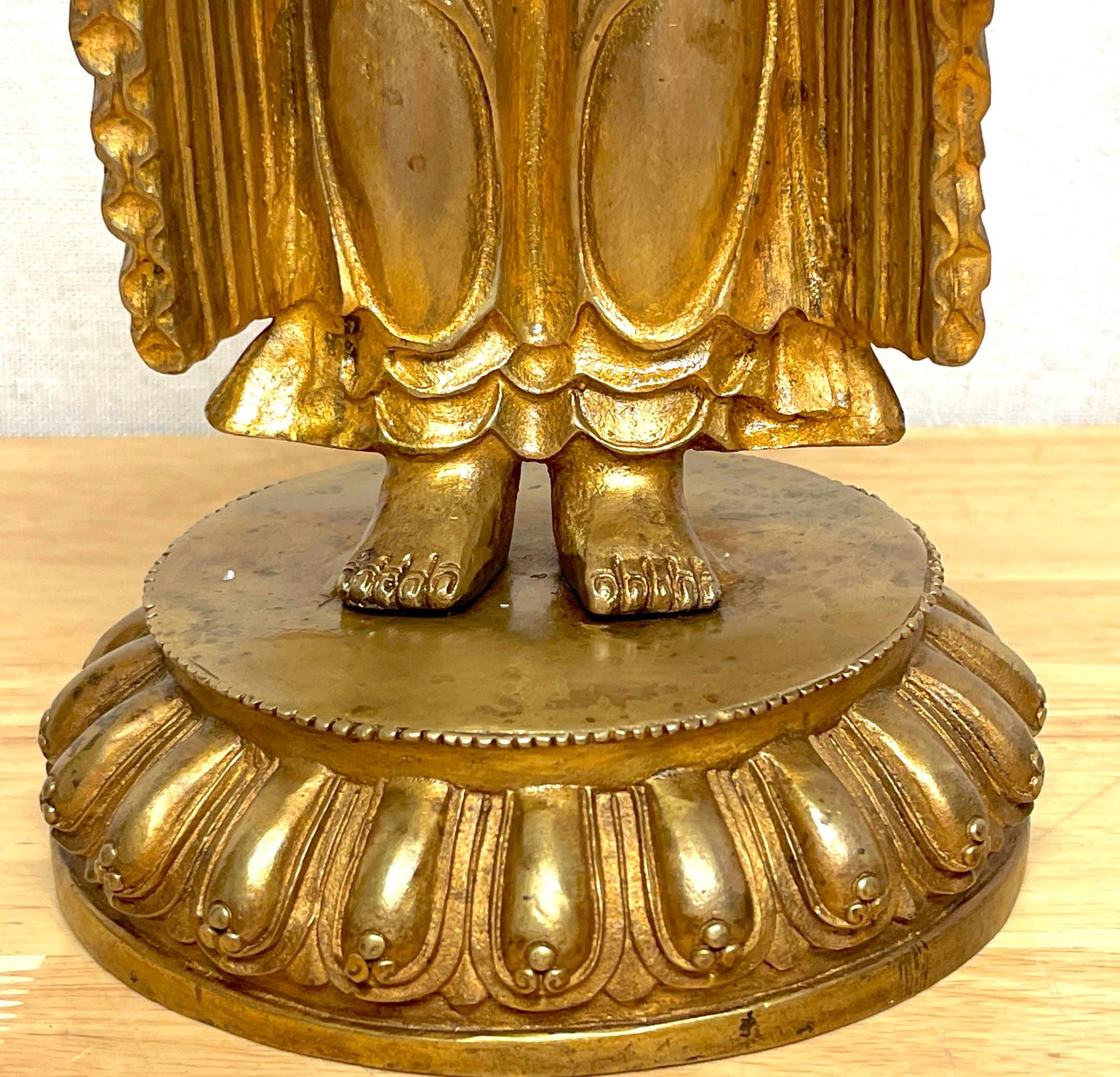 Tibetan Bronze Standing Gilt Bronze Buddha Offering Protection In Good Condition For Sale In West Palm Beach, FL