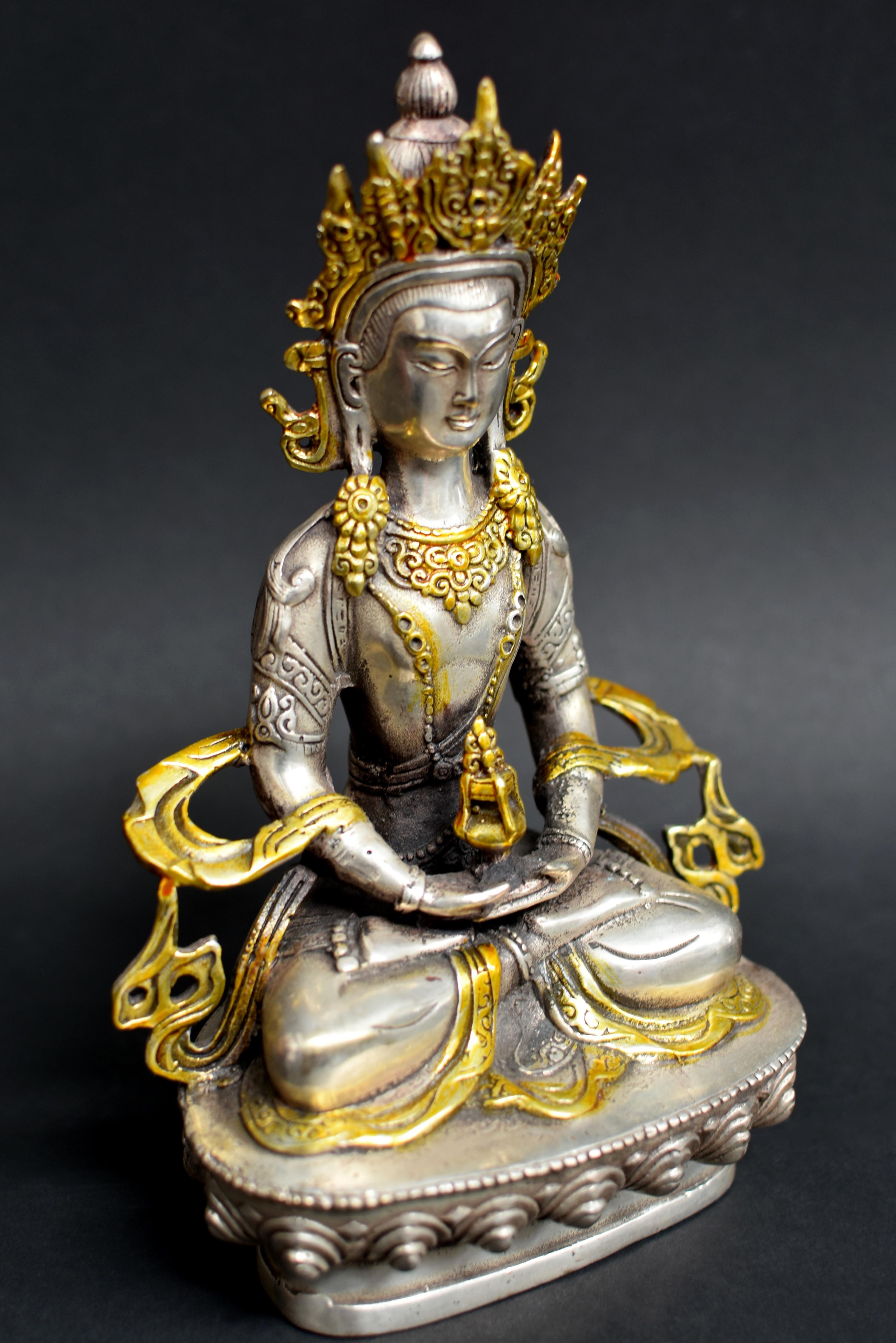 Tibetan Buddha of Long Life Amitayus Gold Tone Silver Bronze  7