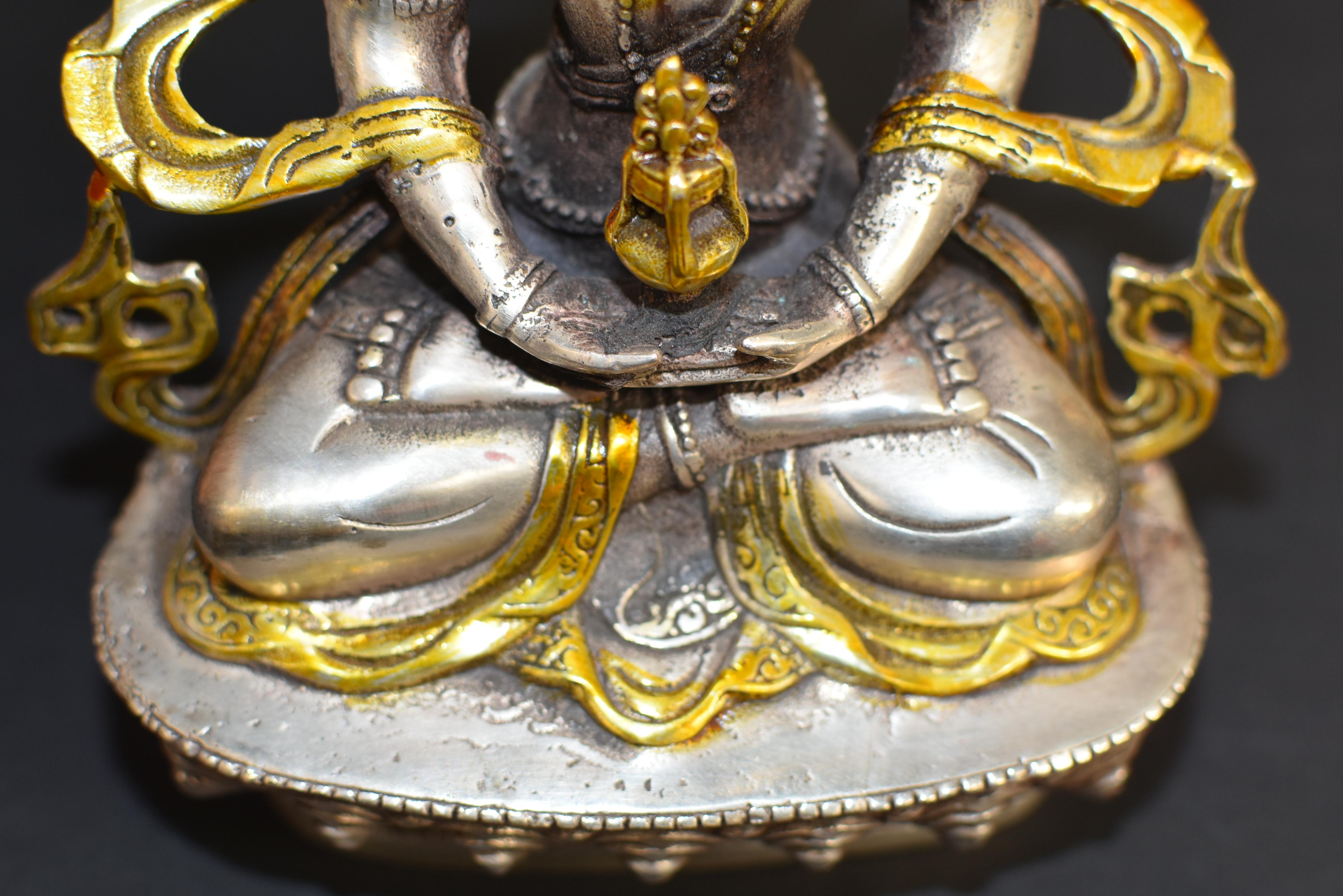 Tibetan Buddha of Long Life Amitayus Gold Tone Silver Bronze  12