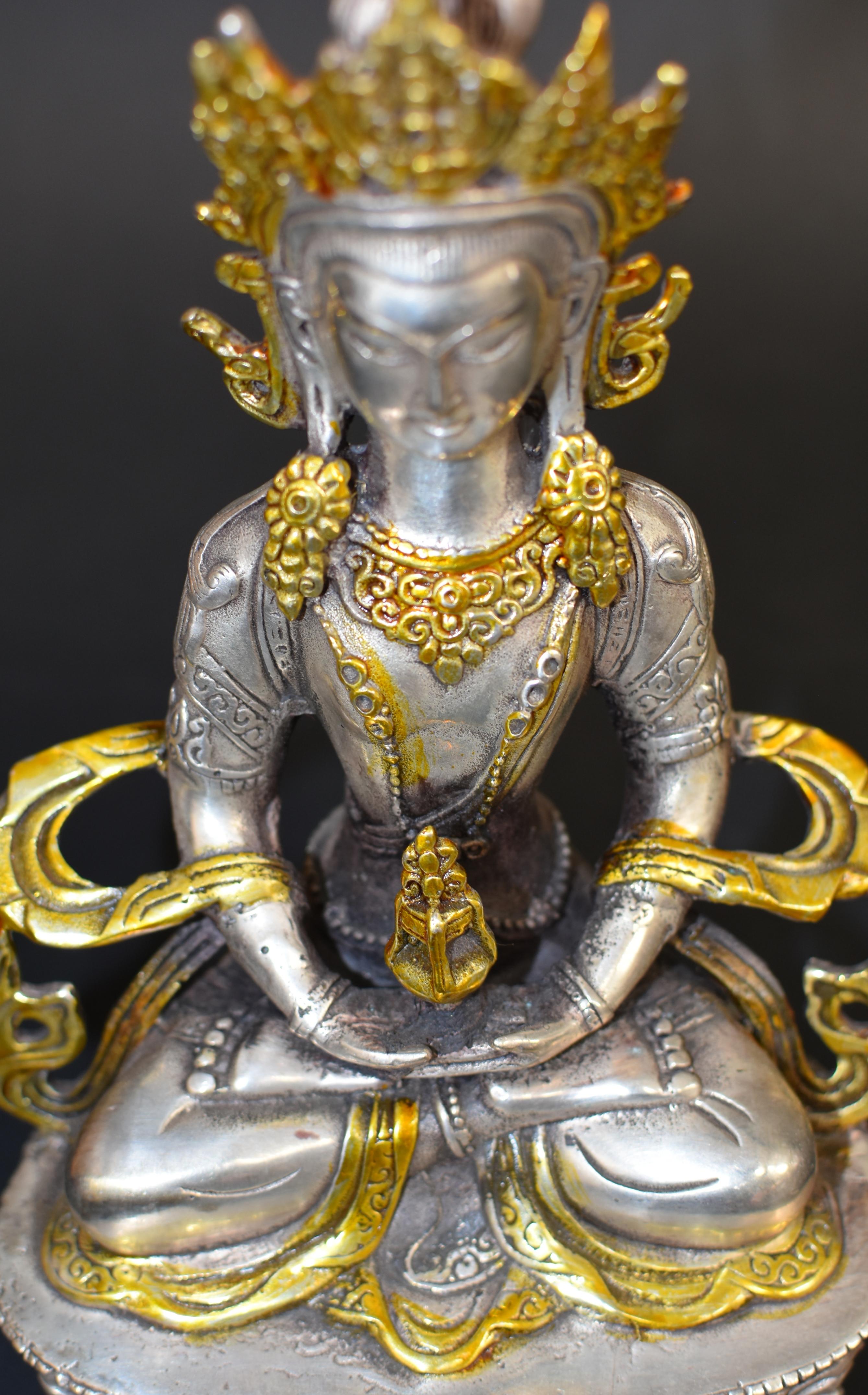 Tibetan Buddha of Long Life Amitayus Gold Tone Silver Bronze  13