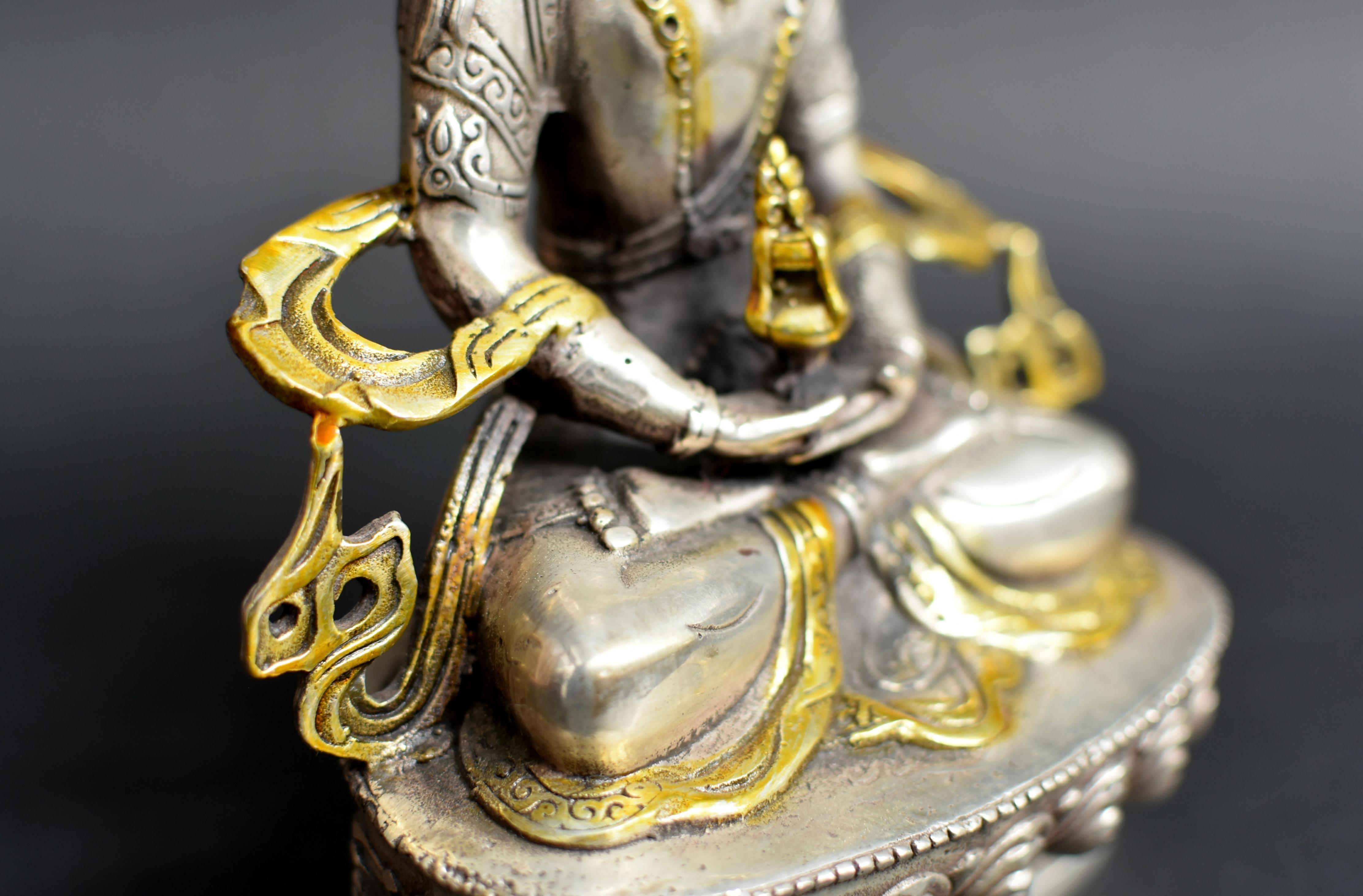 Tibetan Buddha of Long Life Amitayus Gold Tone Silver Bronze  14