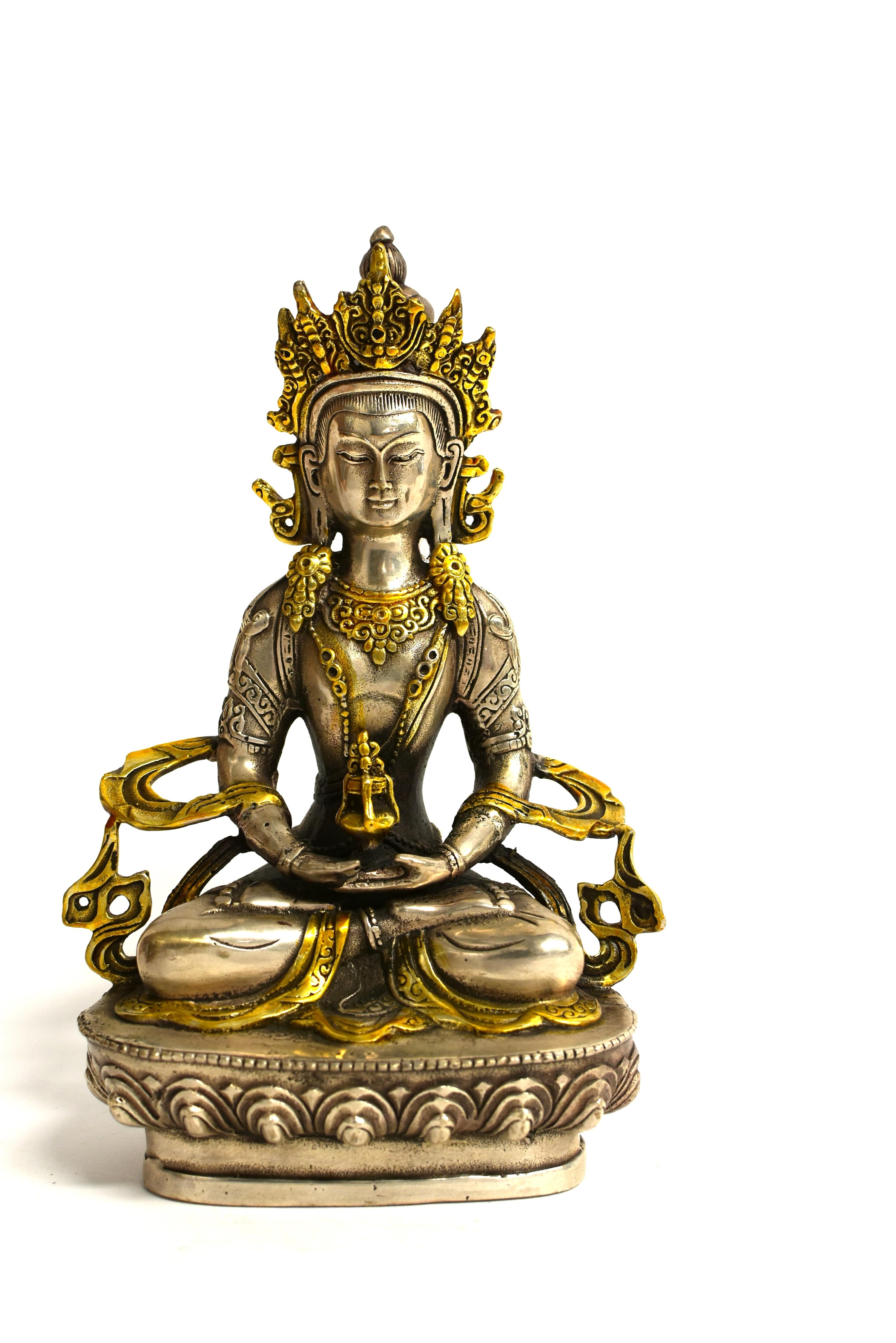Tibetan Buddha of Long Life Amitayus Gold Tone Silver Bronze  15