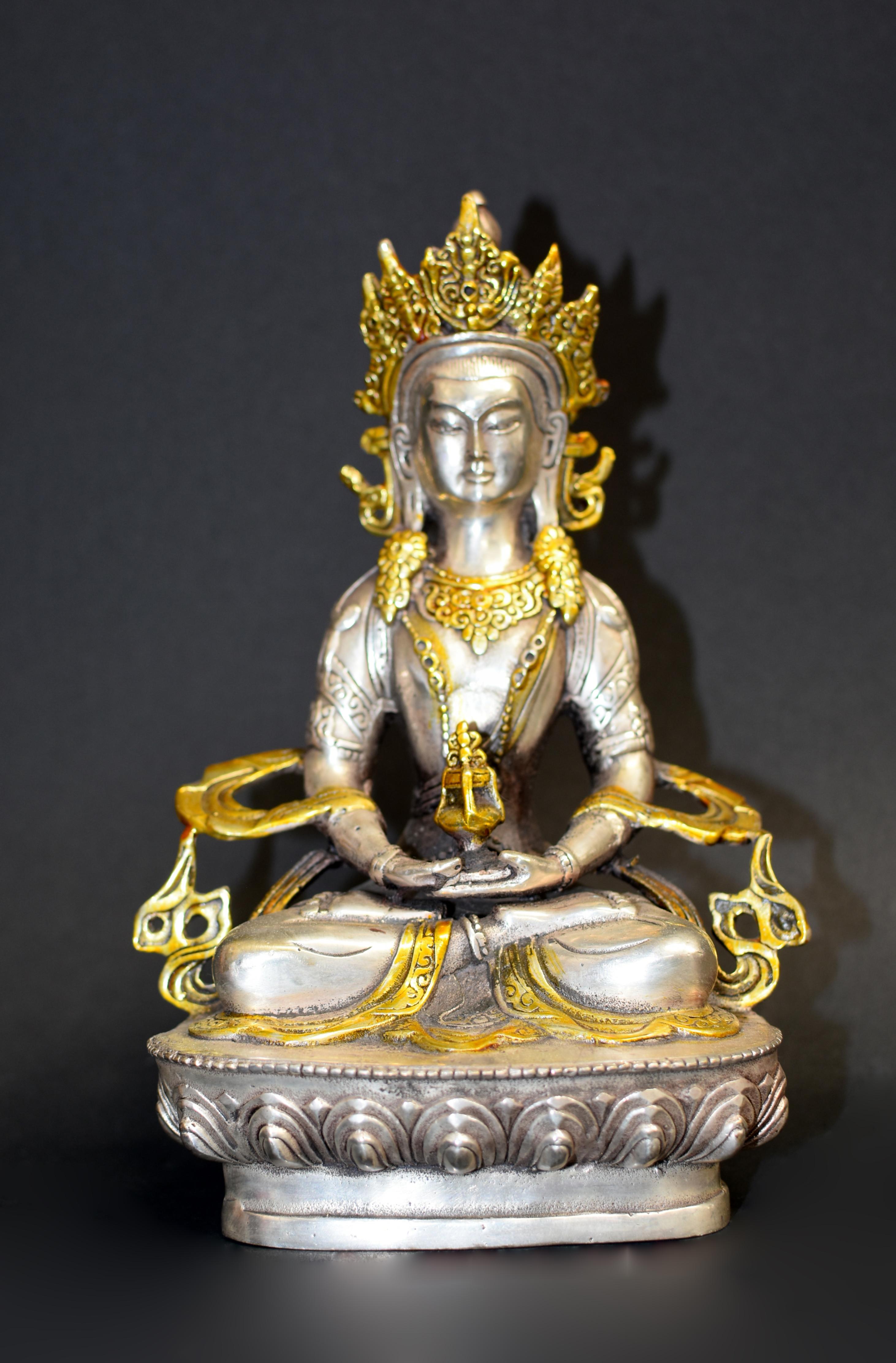A beautiful statue of Tibetan Bodhisattva Amitayus, God of Longevity. The handsome face with downcast eyes and pursed lips, hair pulled away, gathered in a high chignon and adorned by an elaborate crown. A tight robe cinched at the waist, wrapped