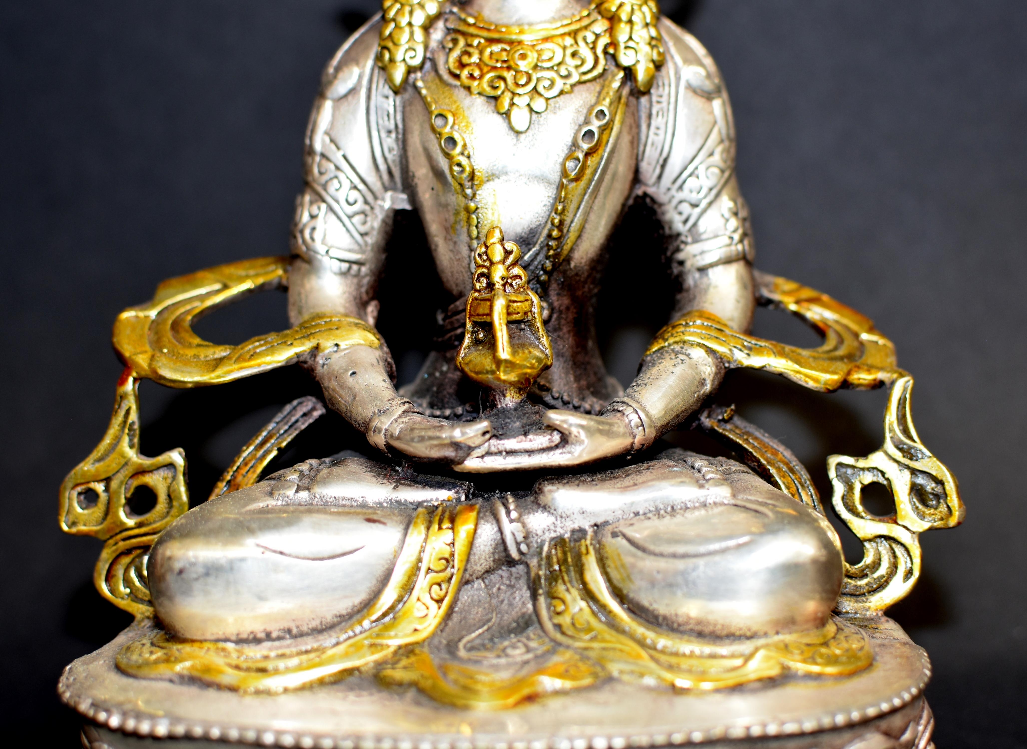 20th Century Tibetan Buddha of Long Life Amitayus Gold Tone Silver Bronze 