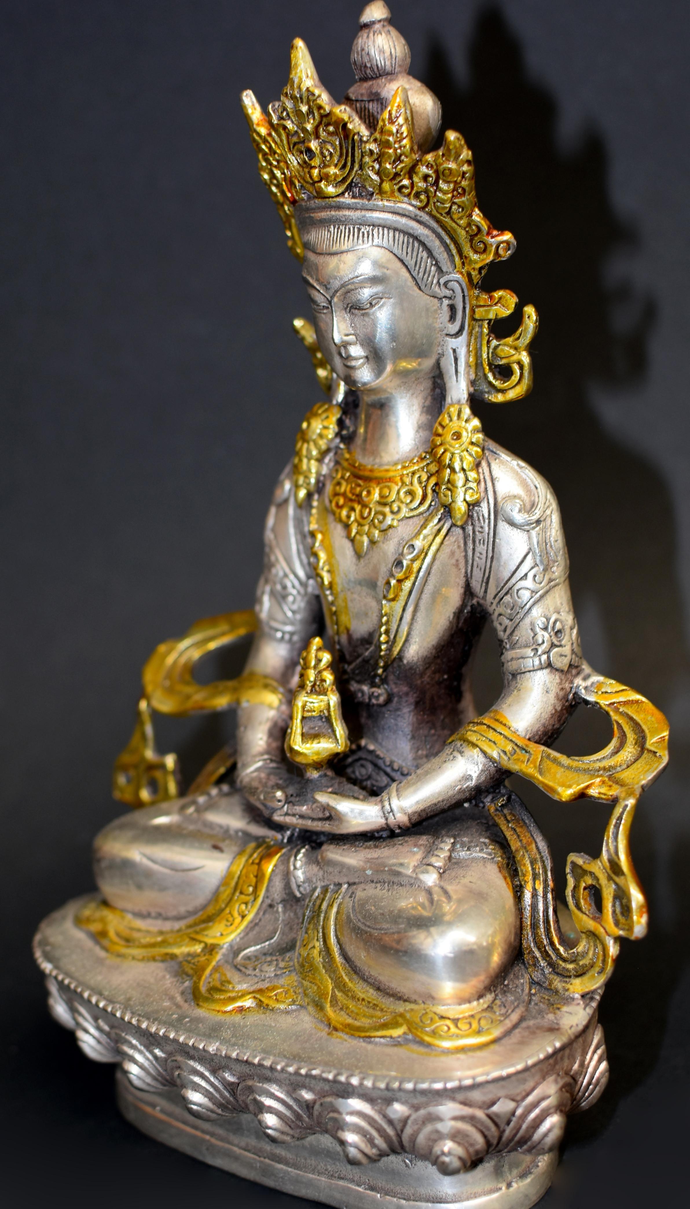 Tibetan Buddha of Long Life Amitayus Gold Tone Silver Bronze  2