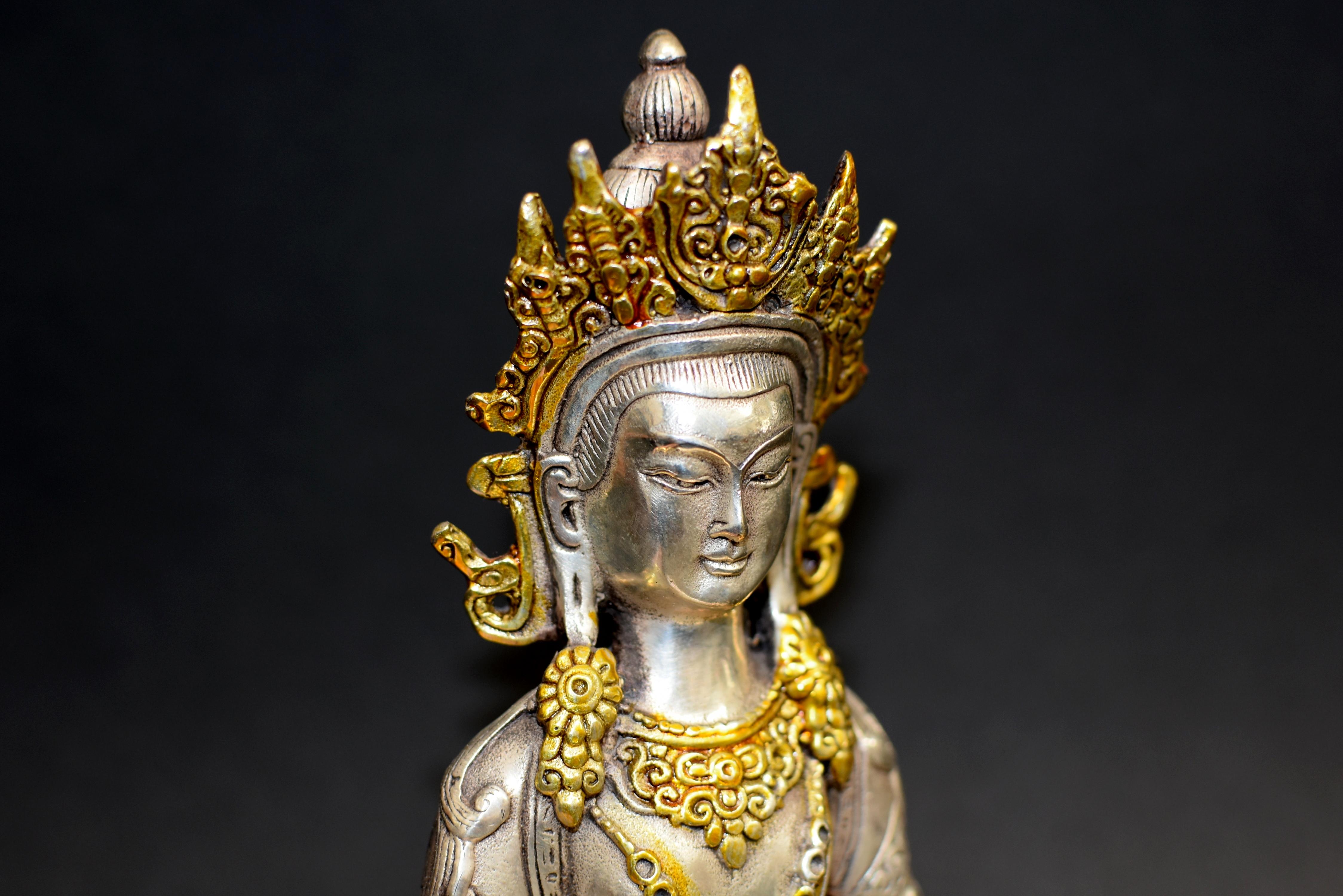 Tibetan Buddha of Long Life Amitayus Gold Tone Silver Bronze  4
