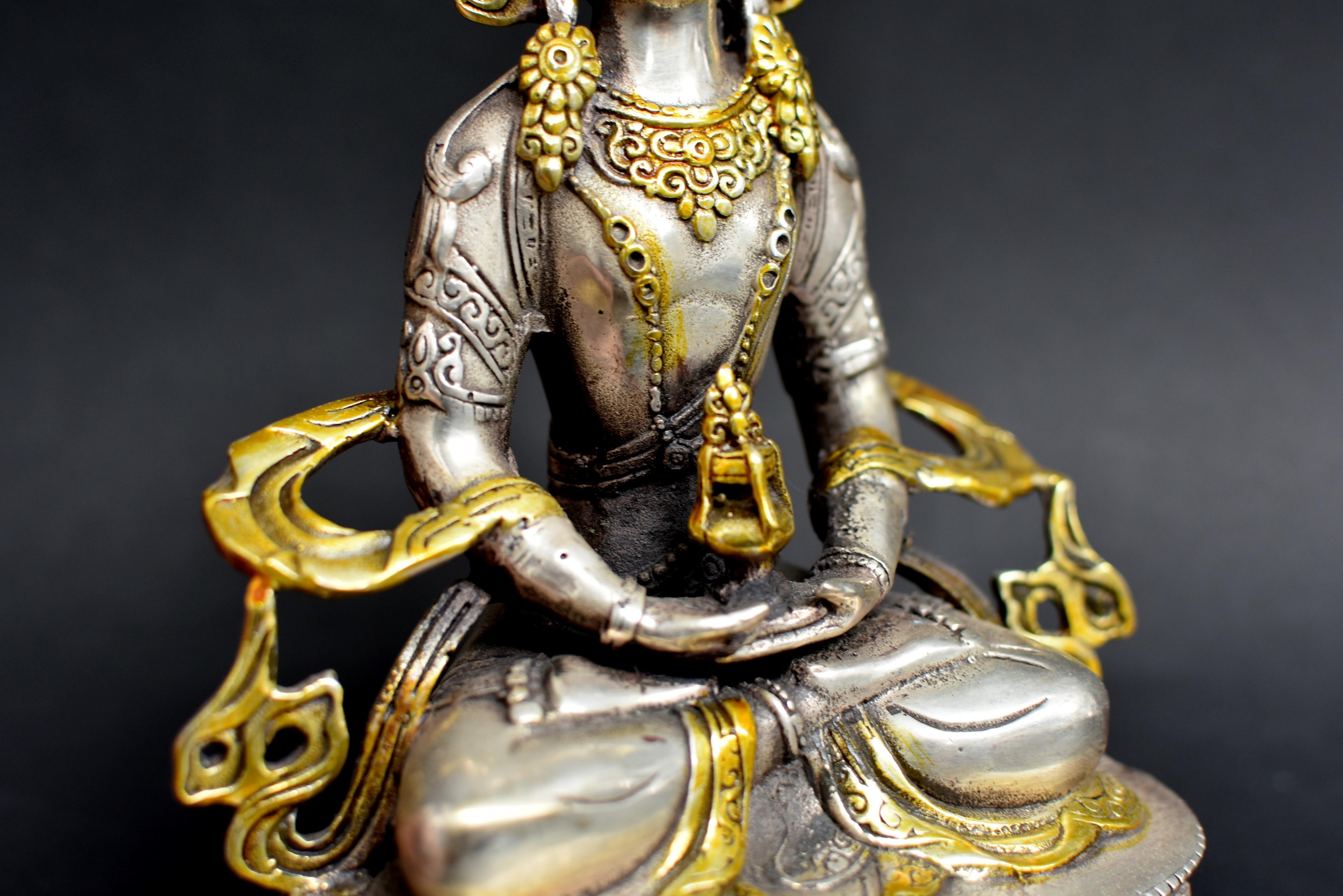 Tibetan Buddha of Long Life Amitayus Gold Tone Silver Bronze  5