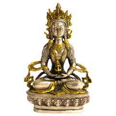 Vintage Tibetan Buddha of Long Life Amitayus Gold Tone Silver Bronze 