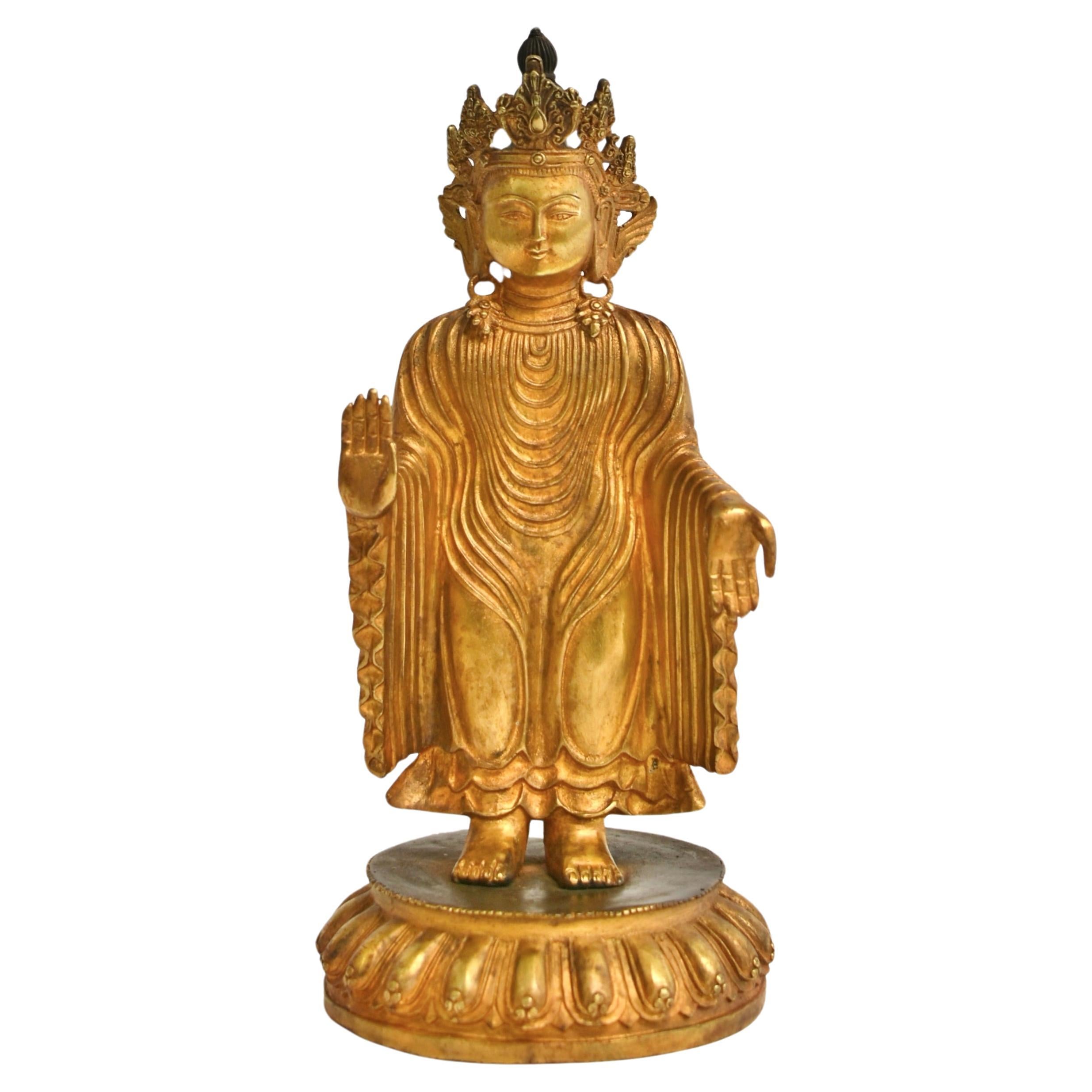 Tibetan Buddha of Protection Udanaya 13" Gilt Bronze  For Sale