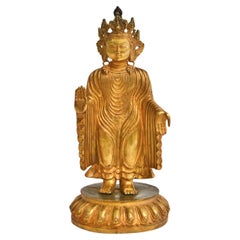 Tibetischer Udanaya-Buddha der Schutz Udanaya 13" Vergoldete Bronze 