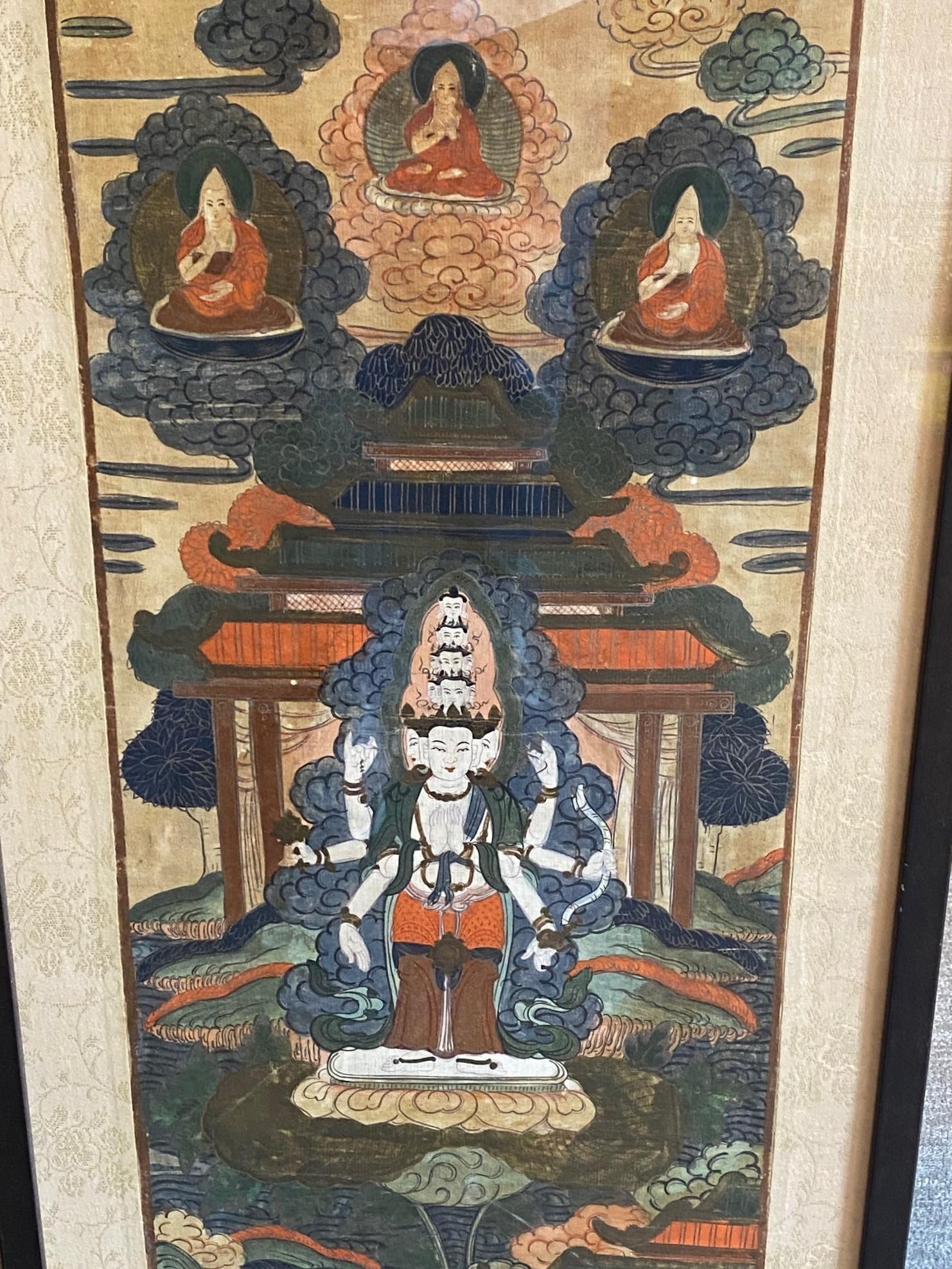 Tibetan Buddhist Framed Thangka Painting of Buddhistic Bodhisattva Goddess Deity In Good Condition For Sale In Studio City, CA