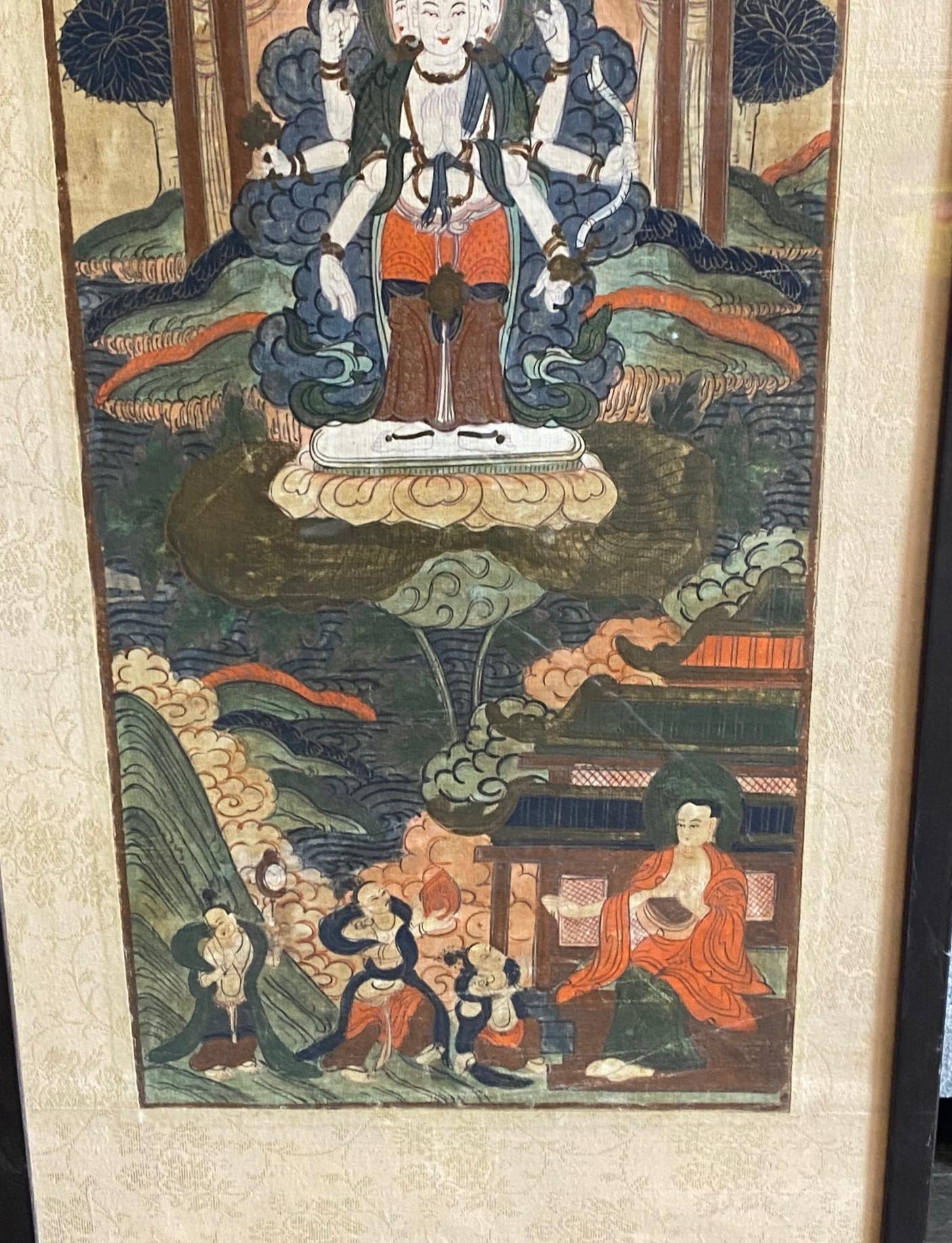 20th Century Tibetan Buddhist Framed Thangka Painting of Buddhistic Bodhisattva Goddess Deity For Sale