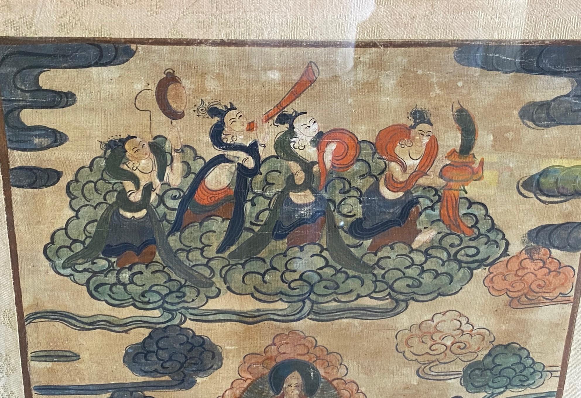 Silk Tibetan Buddhist Framed Thangka Painting of Buddhistic Bodhisattva Goddess Deity For Sale
