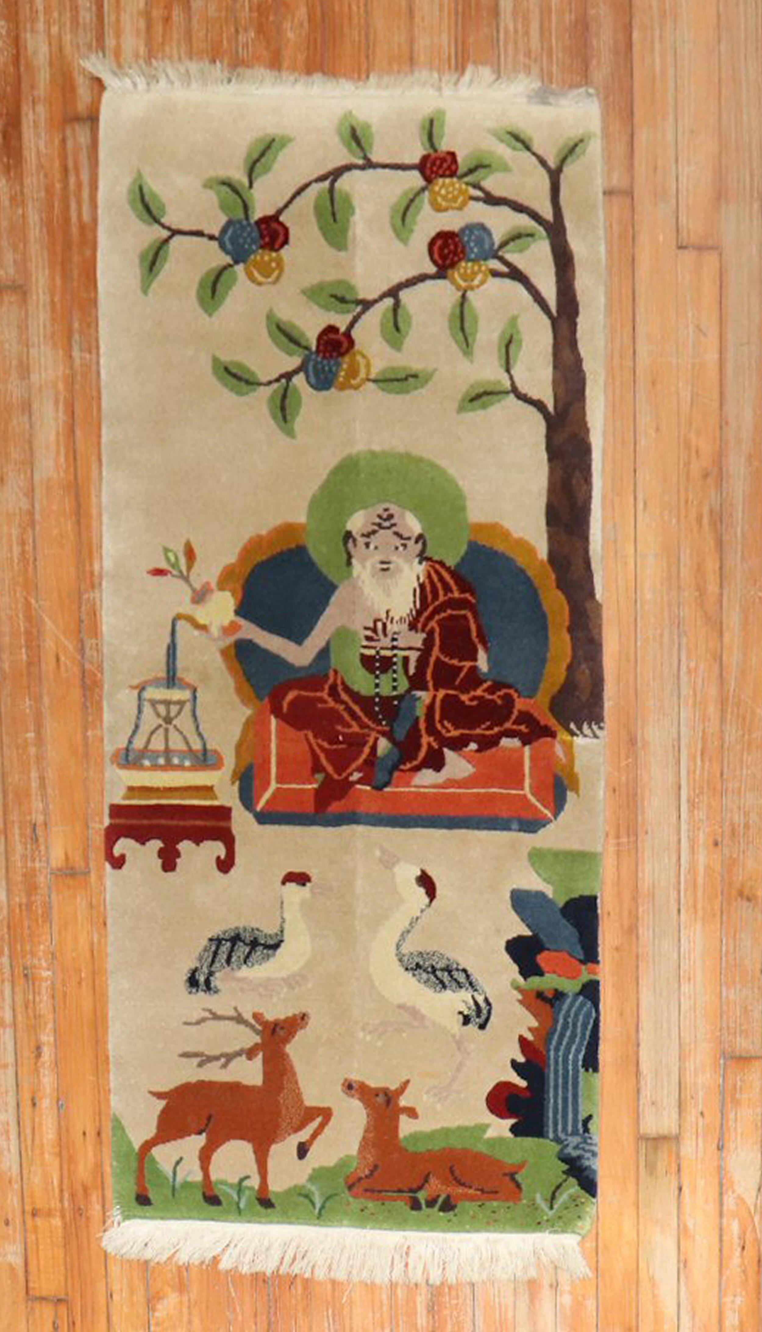 Tapis tibétain pictural de la fin du 20e siècle à poils entiers

Taille : 2'3'' x 4'7''.

