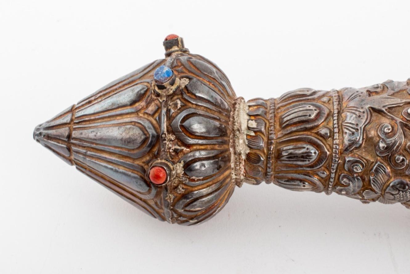 Hand-Carved Tibetan Buddhist Silver Covered Shell Horn, 19th C